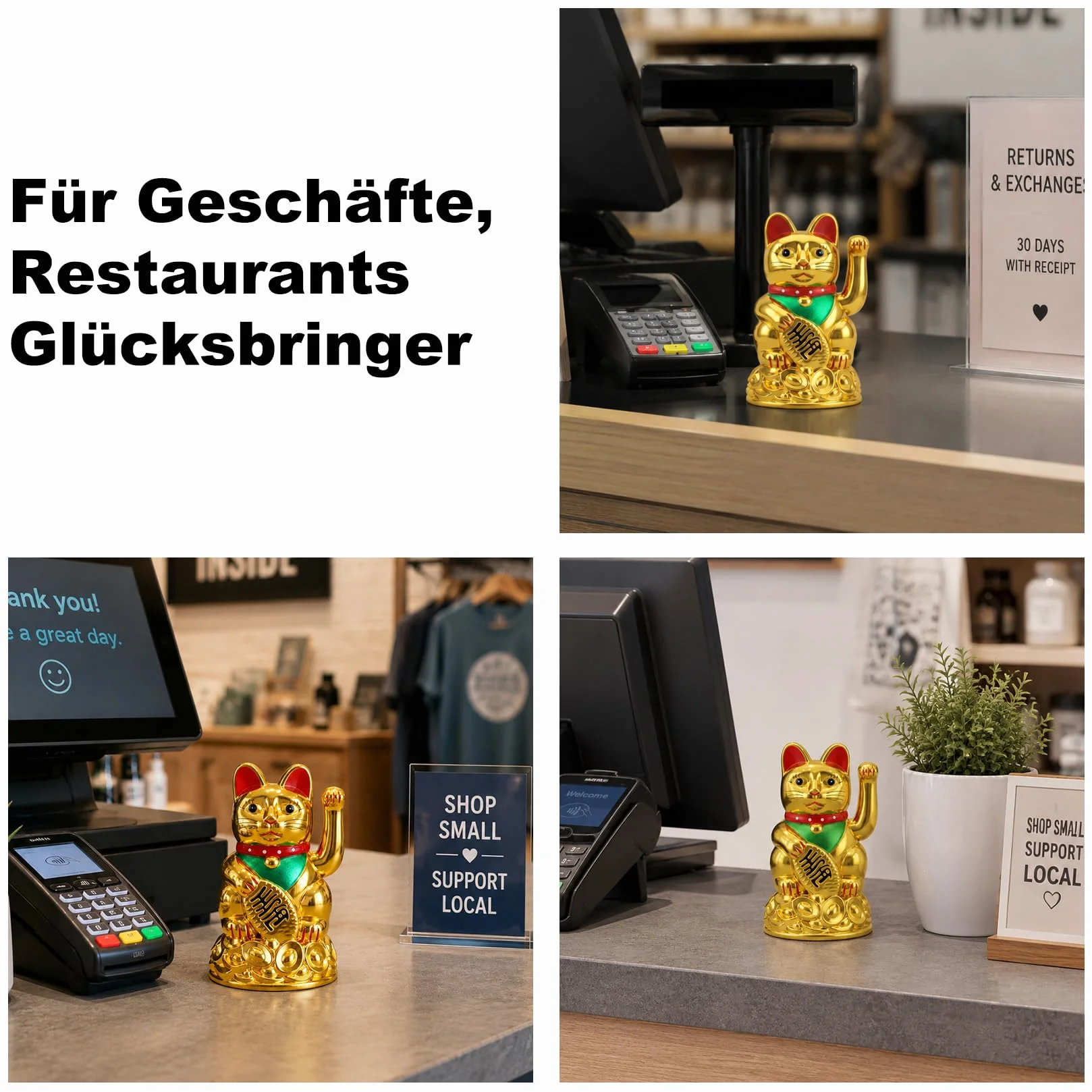 Starlet24 - Gatto portafortuna “Maneki Neko” con zampina che si muove, per feng shui, Plastica, gold, 11 cm
