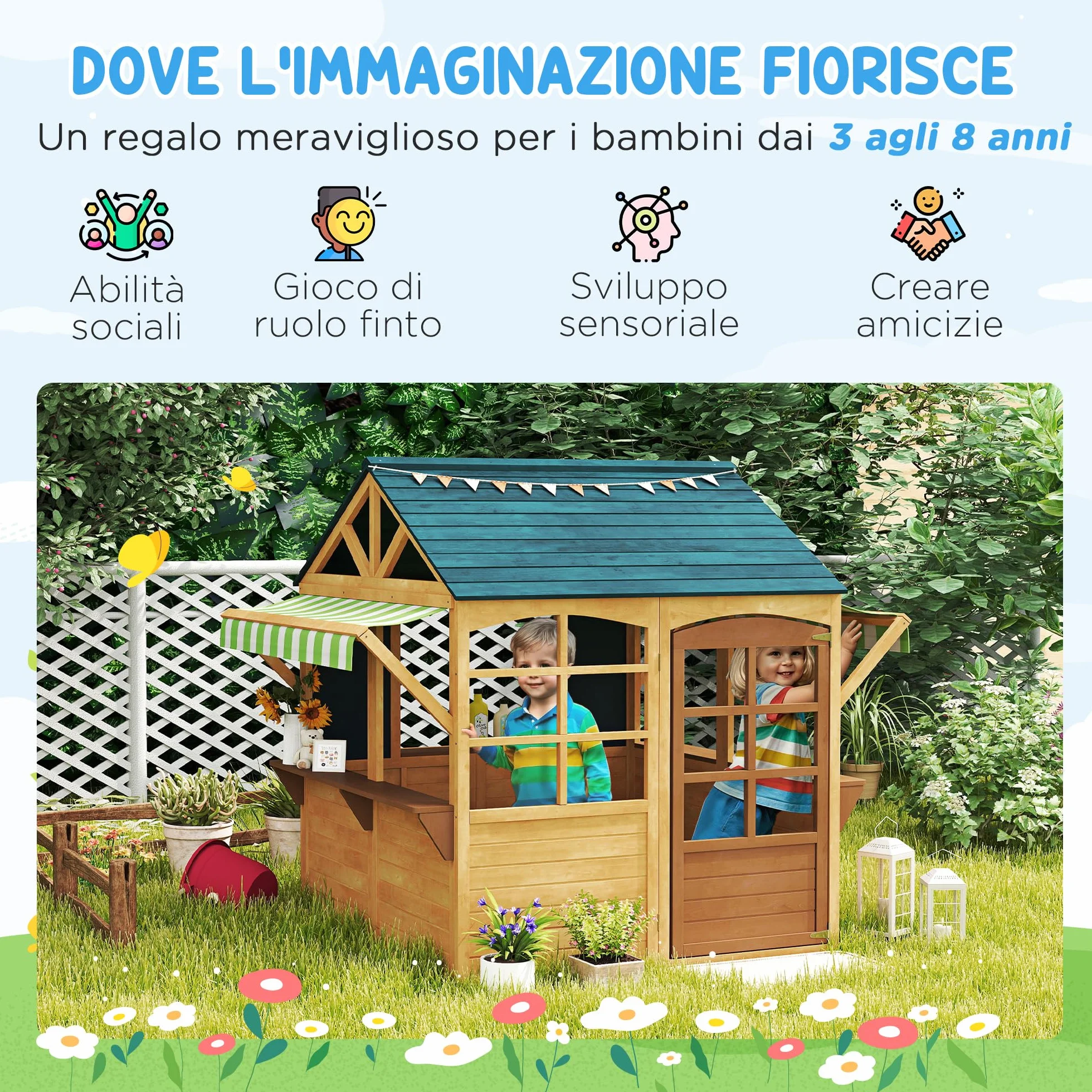 AIYAPLAY Casetta per Bambini in Legno di Abete, Casetta da Giardino Pieghevole con 5 Finestre, Tettoia, Porta e 2 Lavagne Nere, Casa da Esterno per Bimbi 3-8 Anni, 173x117x144 cm, Marrone