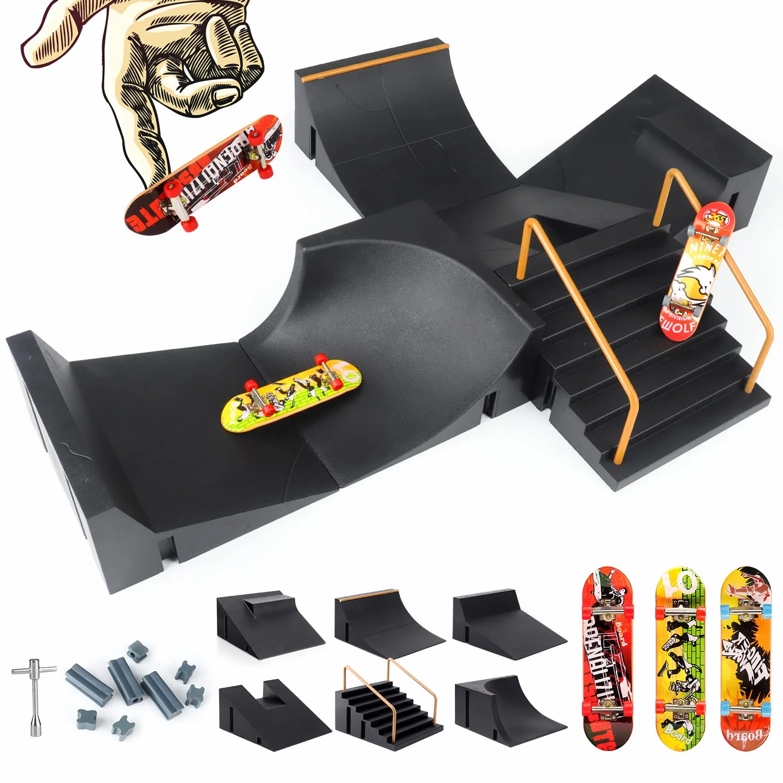 KETIEE Set di Rampe per Skateboard per Dita, Mini Kit per Skate Park con Mini Skateboard da Dita, Finger Skateboards Ramp Set Fingerboard Giocattolo per Bambini, Regalo di Compleanno