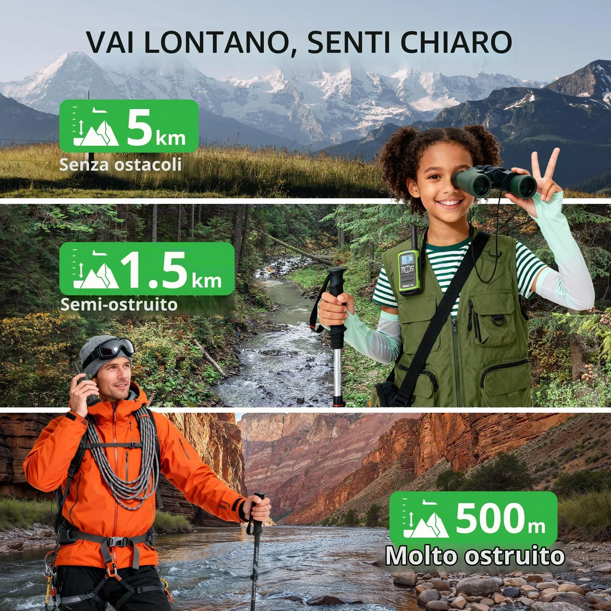 Radioddity PR-T8 Walkie Talkie per bambini, radio PMR446 ricaricabile a lungo raggio con chiamata di gruppo, batteria da 2000 mAh, ricarica USB-C, per escursionismo e campeggio, confezione da 3 pezzi