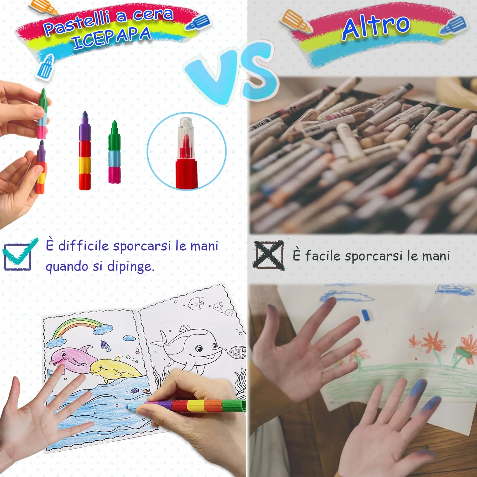 ICEPAPA, 12 Libri da Colorare e 12 Pastelli a Cera Impilabili (12 Colori in 1), Perfetti per Gadget Compleanno Bambini, Regalini e Fine Festa