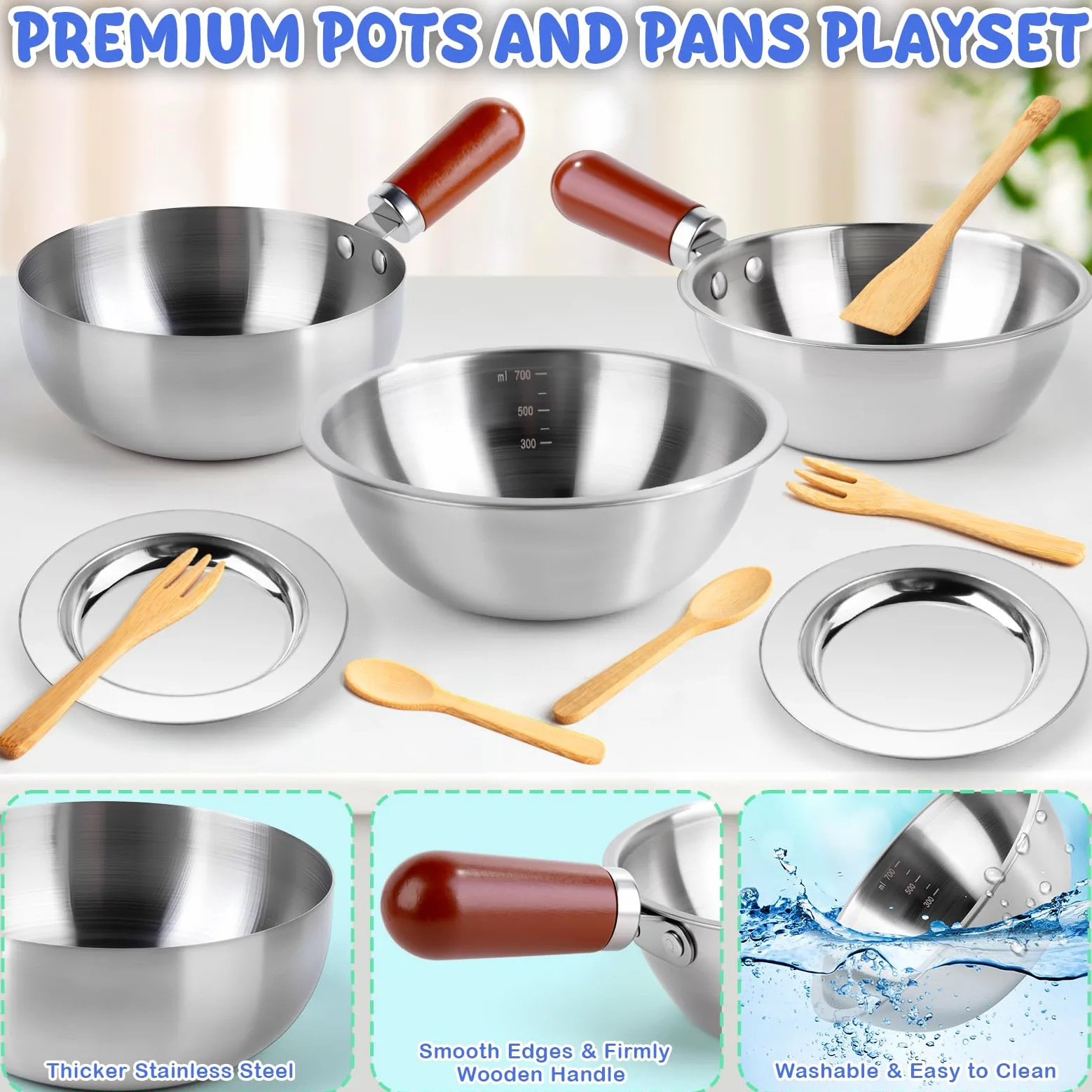 SEMKOTREE Cucina Giocattolo per Bambini, Accessori Cucina Bambini Legno Set Utensili Cucina, Insalatiera Pentole Acciaio Inox, Giochi Bambina Gioco Montessori, Regalo Bimba Bimbo 3 4 5 6 Anni