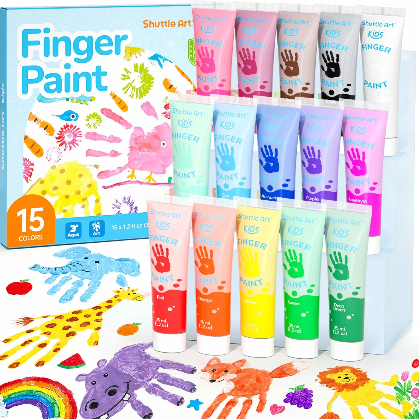 Shuttle Art 15 Colori a Dita per Bambini Atossici, Tempere Lavabili per Bambino 35ml, Tempere per Dipingere Colori Brillanti,Set Pittura Bambini per Arti e Mestieri