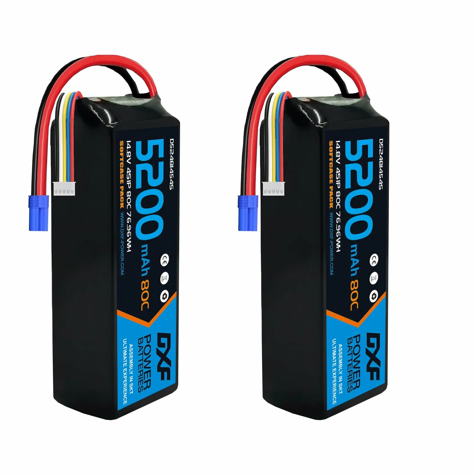 DXF Batteria LiPo 4S 14.8V 5200mAh 80C Custodia Morbida Spina EC5 Compatibile Auto RC 1/8 1/10 Veicoli Elettrici Leggera Alta Capacità Lunga Durata 2 Pezzi