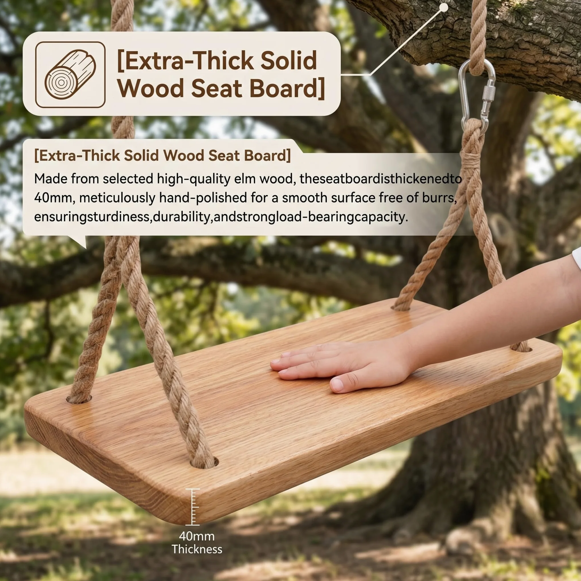 Altalena a trapezio da 15, 75x6, 30 pollici, altalena da esterno per bambini in legno di olmo spesso con corda resistente e parti metalliche, per interni ed esterni per bambini e adulti, con