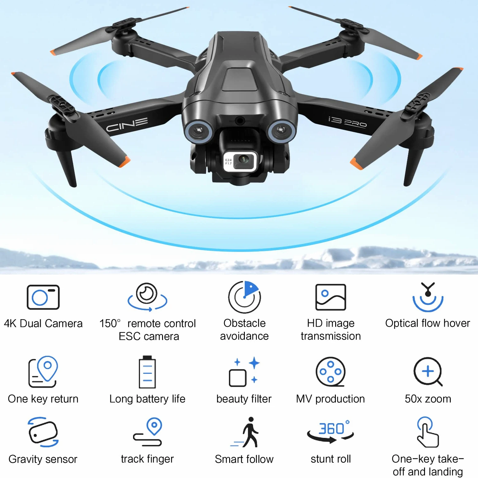 Drone con doppia fotocamera 4K HD per bambini e adulti - Droni quadricotteri RC con evitamento intelligente degli ostacoli, tenuta in altitudine, giocattoli regali per principianti (Nero)