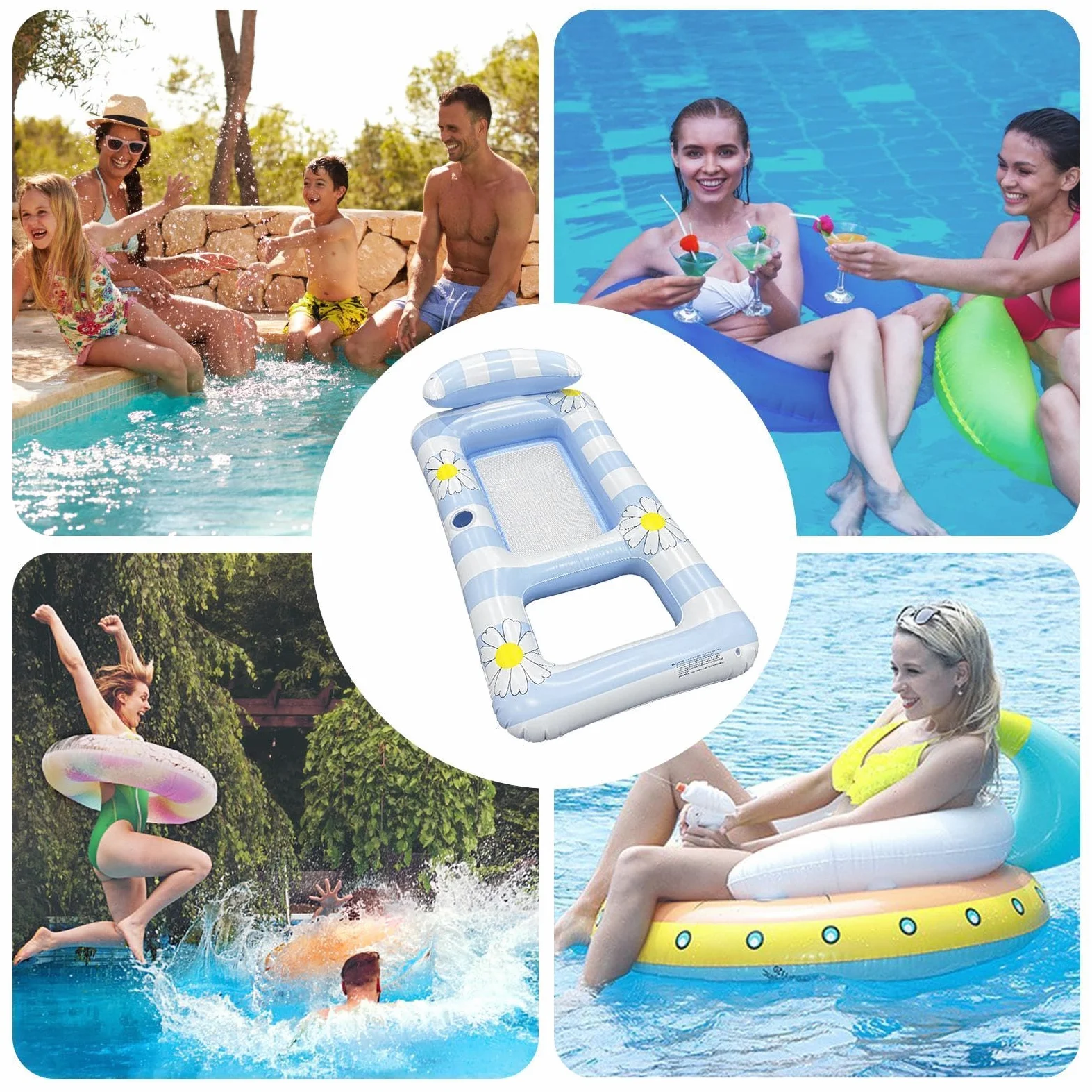 Galleggianti Da Piscina Per Adulti Materassino Gonfiabile con Poggiatesta | Lettino Prendisole Portatile Da Piscina per Spiaggia Lago Fiume Festa Ritrovo Giardino Cortile Campeggio Vacanza