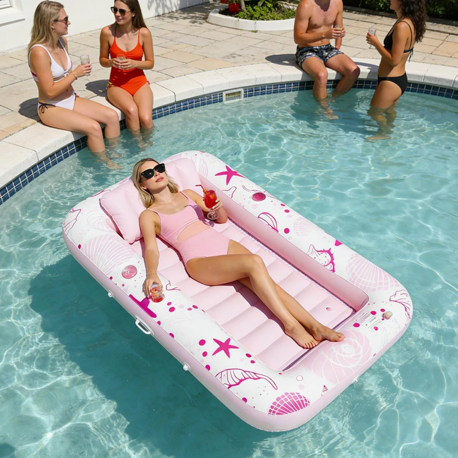 Sedia a sdraio per piscina abbronzante, galleggiante da letto confortevole, sedie a sdraio gonfiabili da 72,83x45,28 pollici con portabicchiere, materasso ad aria in PVC, galleggiante per piscina con