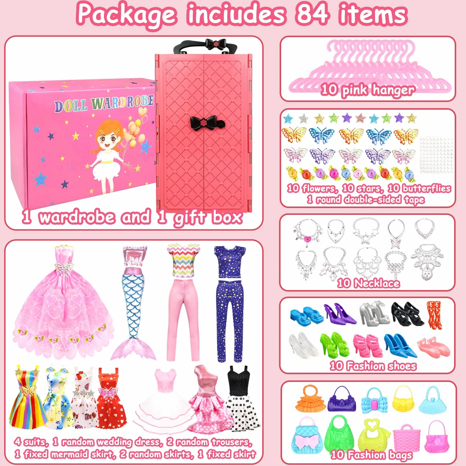 84 Vestiti e Accessori per Bambole con Armadio per bambole da 11,5 pollici Playset di design di moda bambola ragazza vestire tra cui abito da sposa abiti top e pantaloni scarpe grucce borse collane