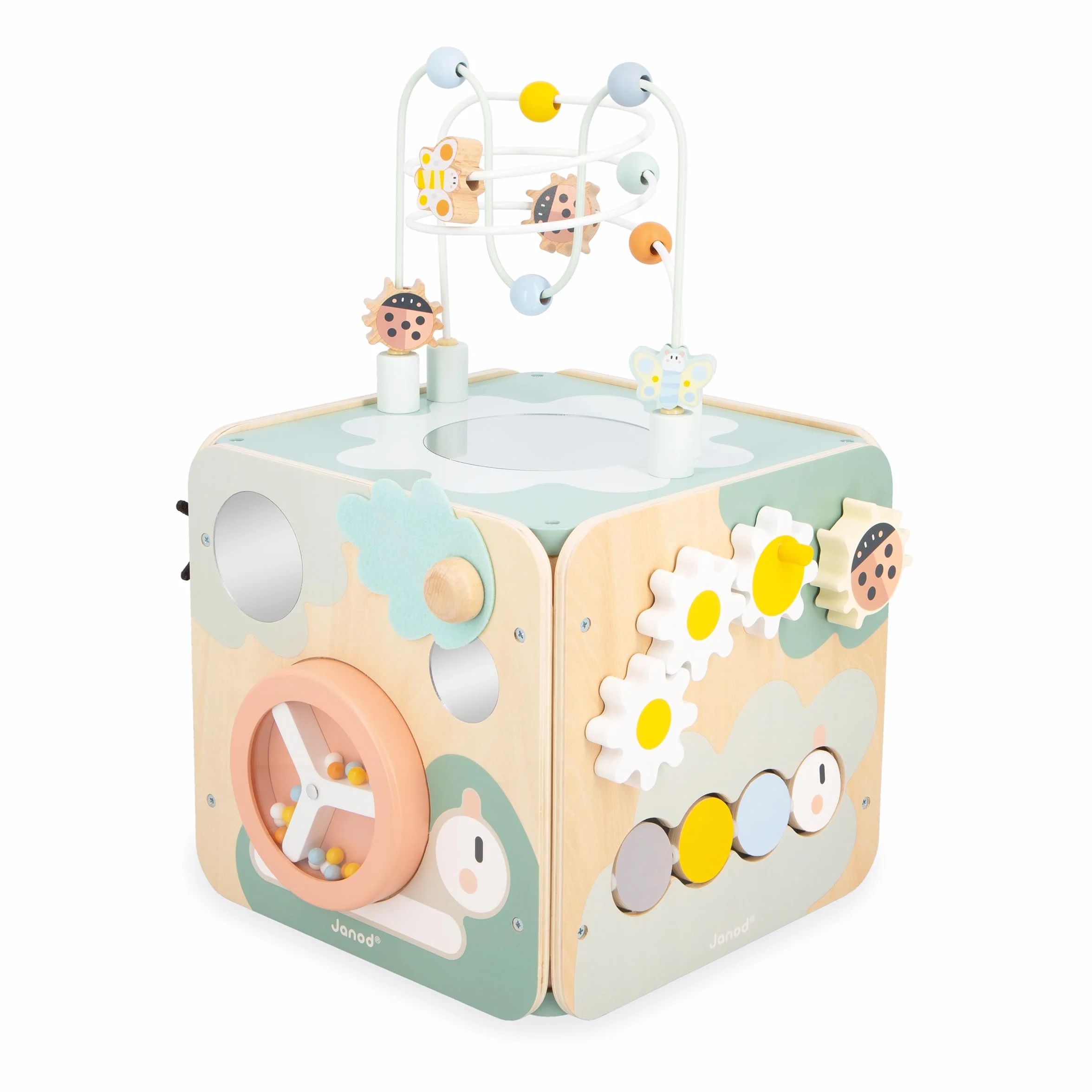 Janod - Grande Cubo Multiattività Sweet Cocoon - 11 Attività per Bambini - Multisensoriale - Sviluppa le Abilità Fino-Motorie - Giocattolo in Legno FSC - Dai 18 Mesi, J04060