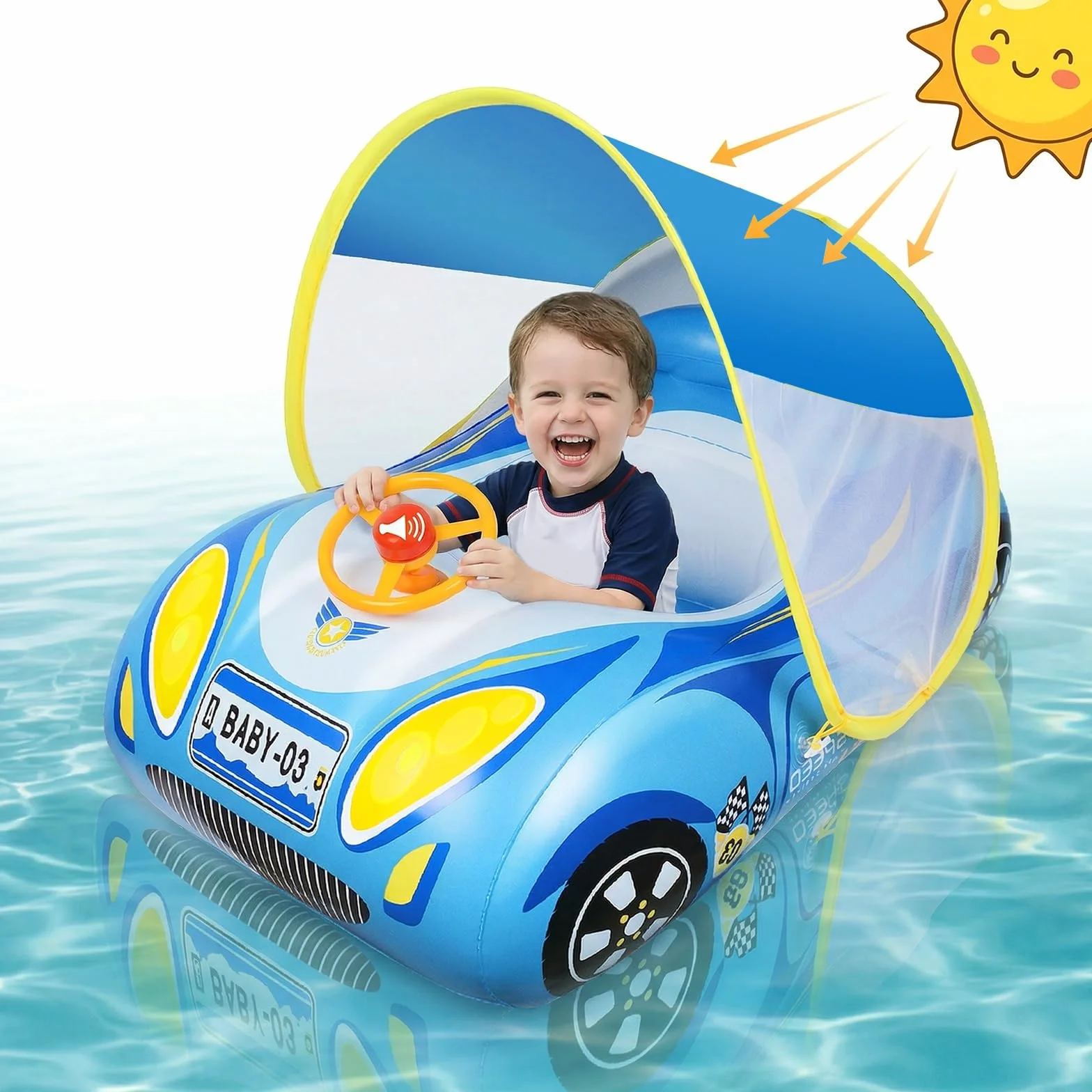 Salvagente Neonato Forma a forma di auto Tetto parasole Protegge dai raggi del sole Sedile sicuro e comodo Tromba giocattolo Regali d'acqua estivi Piscina Bambino 6-36 mesi