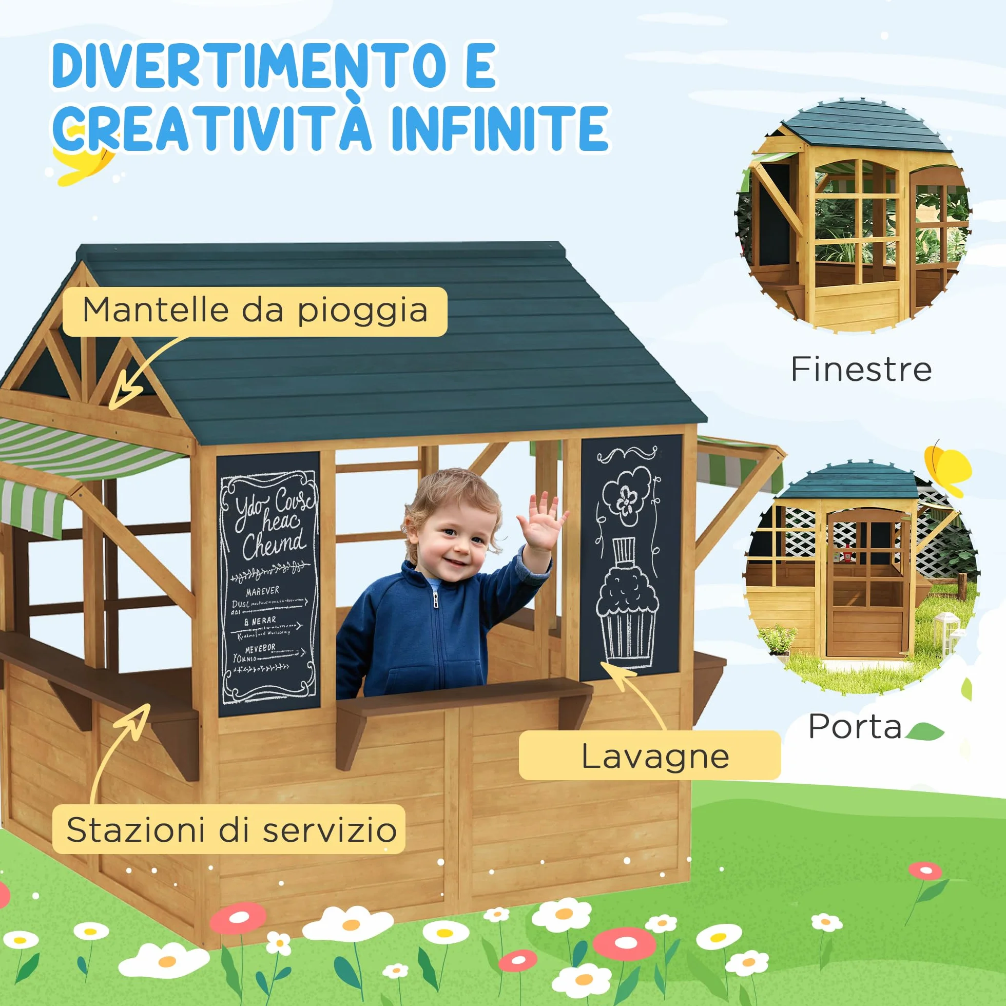 AIYAPLAY Casetta per Bambini in Legno di Abete, Casetta da Giardino Pieghevole con 5 Finestre, Tettoia, Porta e 2 Lavagne Nere, Casa da Esterno per Bimbi 3-8 Anni, 173x117x144 cm, Marrone
