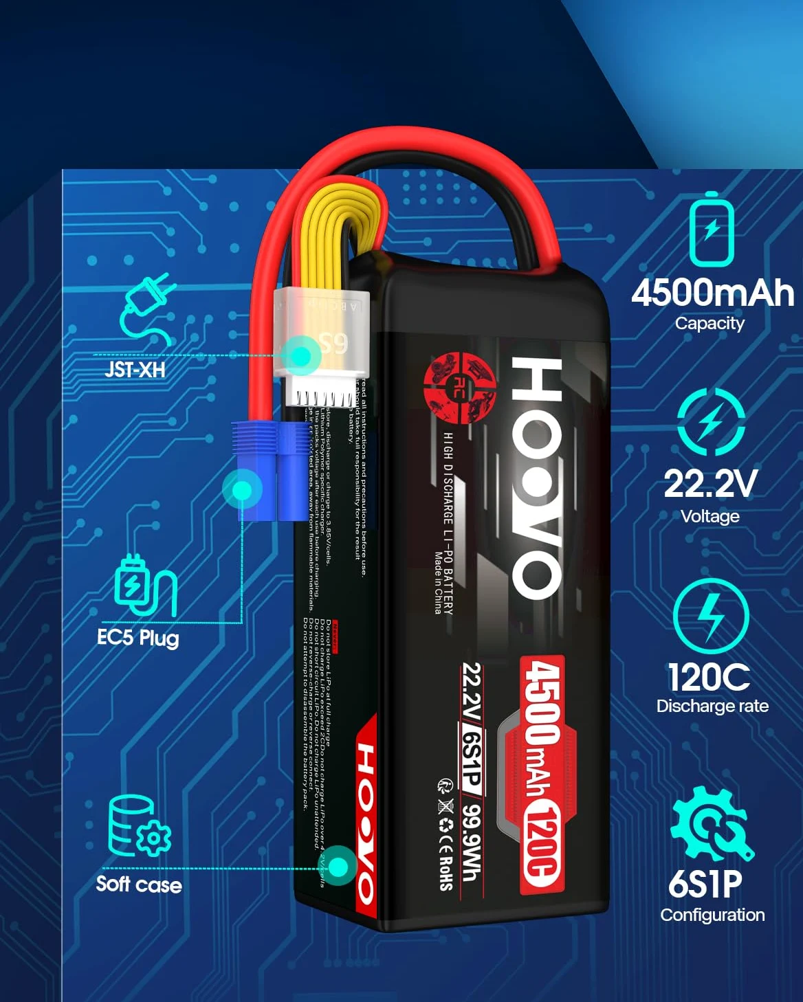 HOOVO 6S Lipo Batteria 22.2V 4500mAh 120C RC Custodia Morbida con Spina EC5 per 70mm 80mm 90m EDF RC Auto Camion Buggy RC Quadcopter Elicottero Aereo da Corsa Drone Classe X Drone da Corsa (2 Pezzi)