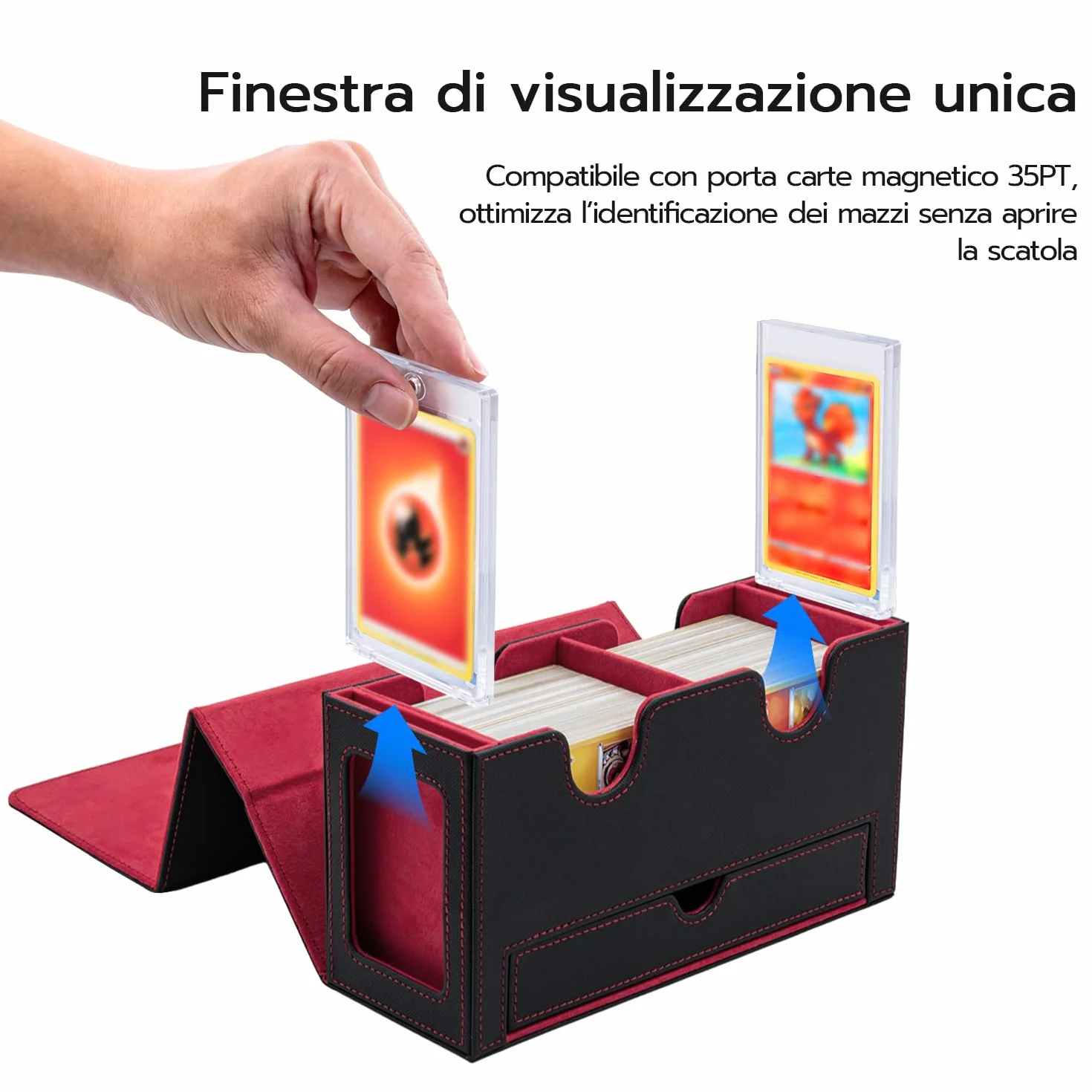 Tolesum Doppio Deck Box Porta Mazzo per MTG, Capacità di 300+ New Carte Senza Maniche con 1 Dice Tray,Magnetic Flip Deck Box per Scatola di Carte di Collezione Magic Commander TCG -Nero e Rosso