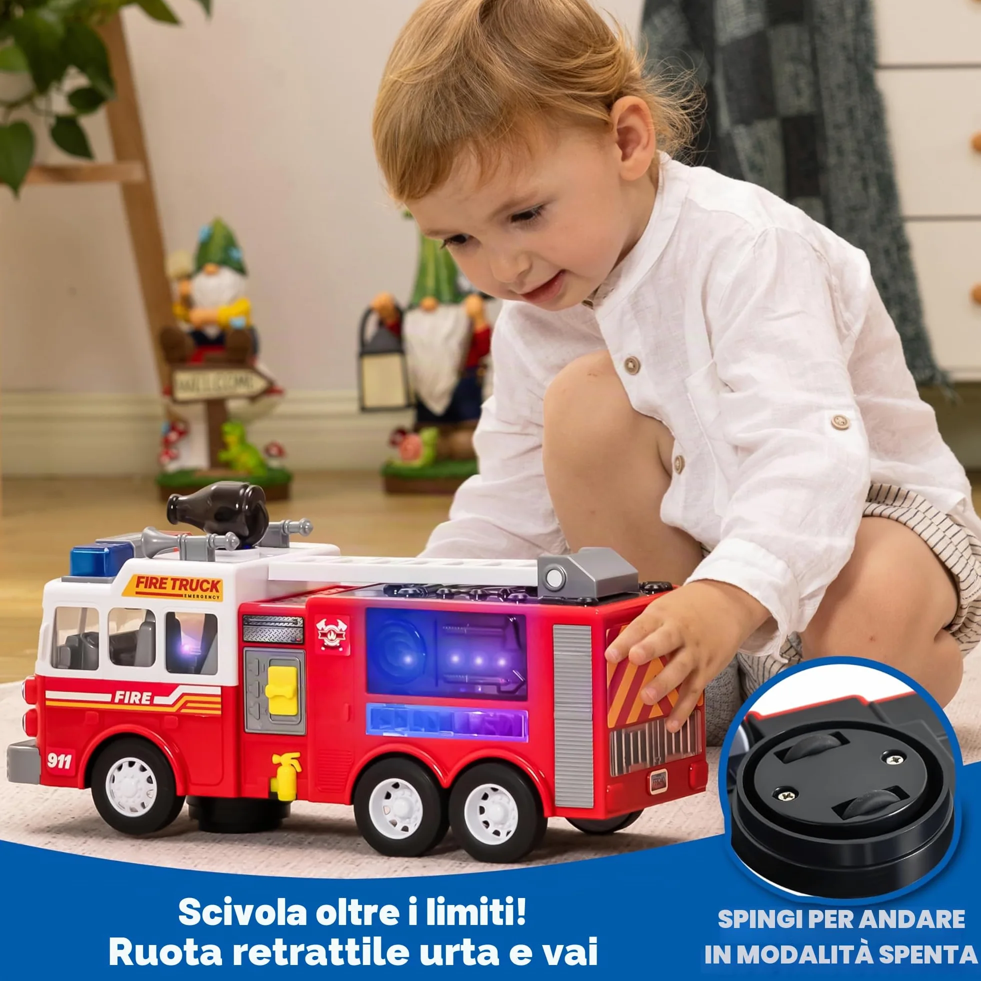 JOYIN Camion dei pompieri a LED, giocattolo per bambini, proiezioni a LED e sirene, camion dei pompieri con interruttore di modalità e controllo del volume, giocattolo per ragazzi e ragazze