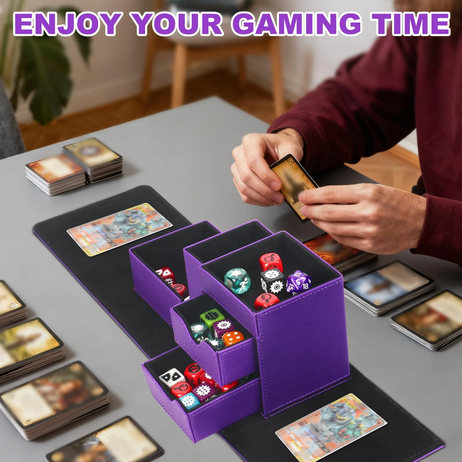 Vassoio per dadi e rullo per dadi a torre, scatola magnetica per dadi per rotolamento, 3 in 1, in pelle, organizer per dadi adatto per Dungeons & Dragons, MTG DM e Player, viola e nero
