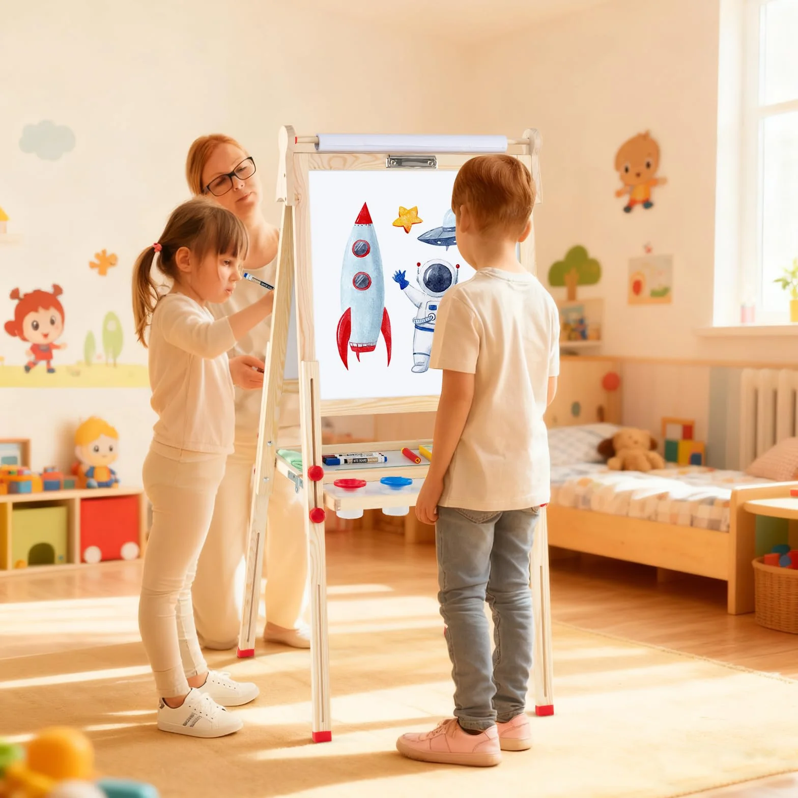 RELAX4LIFE Lavagna Magnetica per Bambini 3 in 1 Cavalletto Pieghevole Altezza Regolabile 85-147 cm Legno di Pino