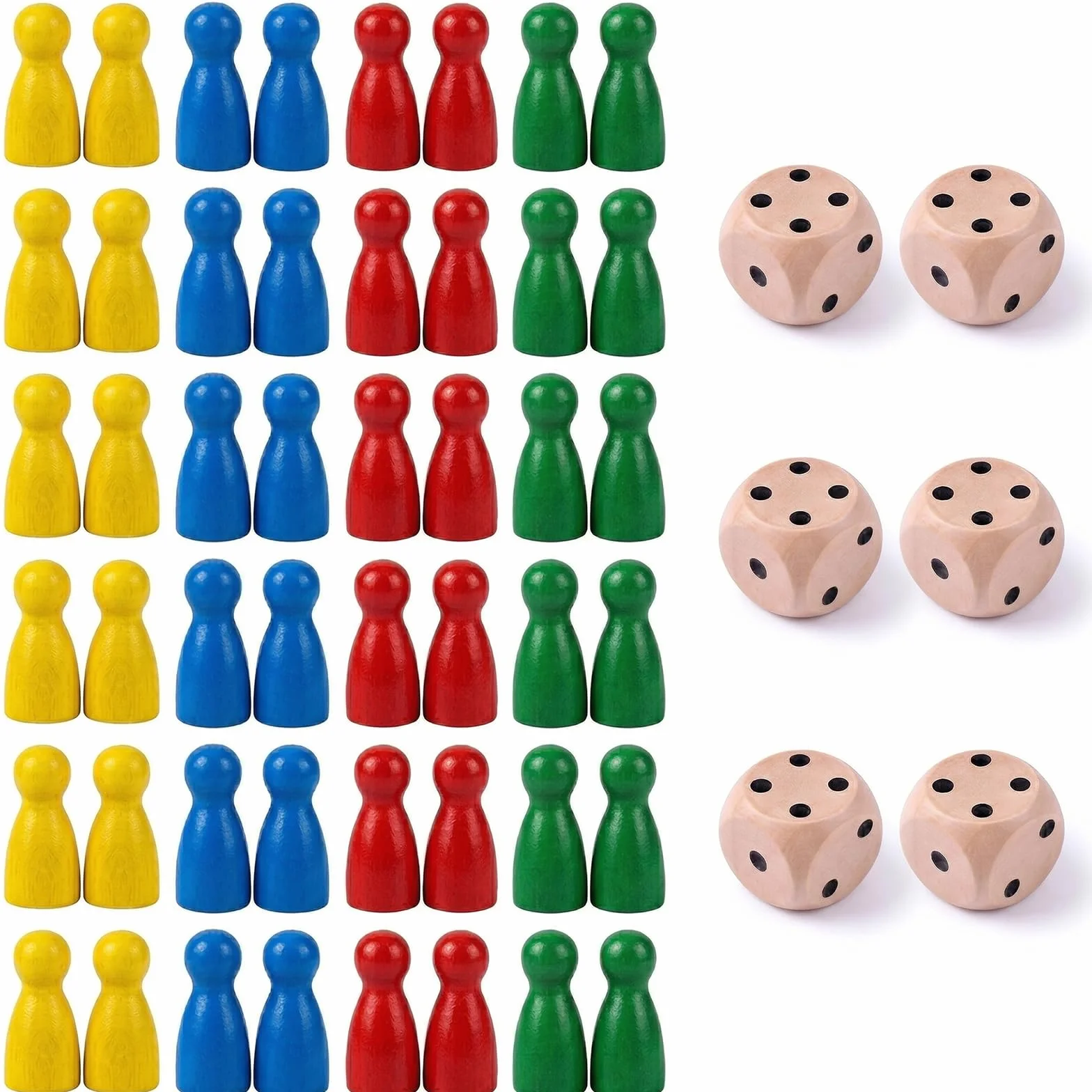 48PCS Pedine Gioco da Tavolo + 6PCS Dadi Dadi da Gioco in legno, Set di Pedine Colorate Personaggi Cono in Legno per Giochi Tavolo, Adatto ai bambini, Dadi da Gioco 14 mm