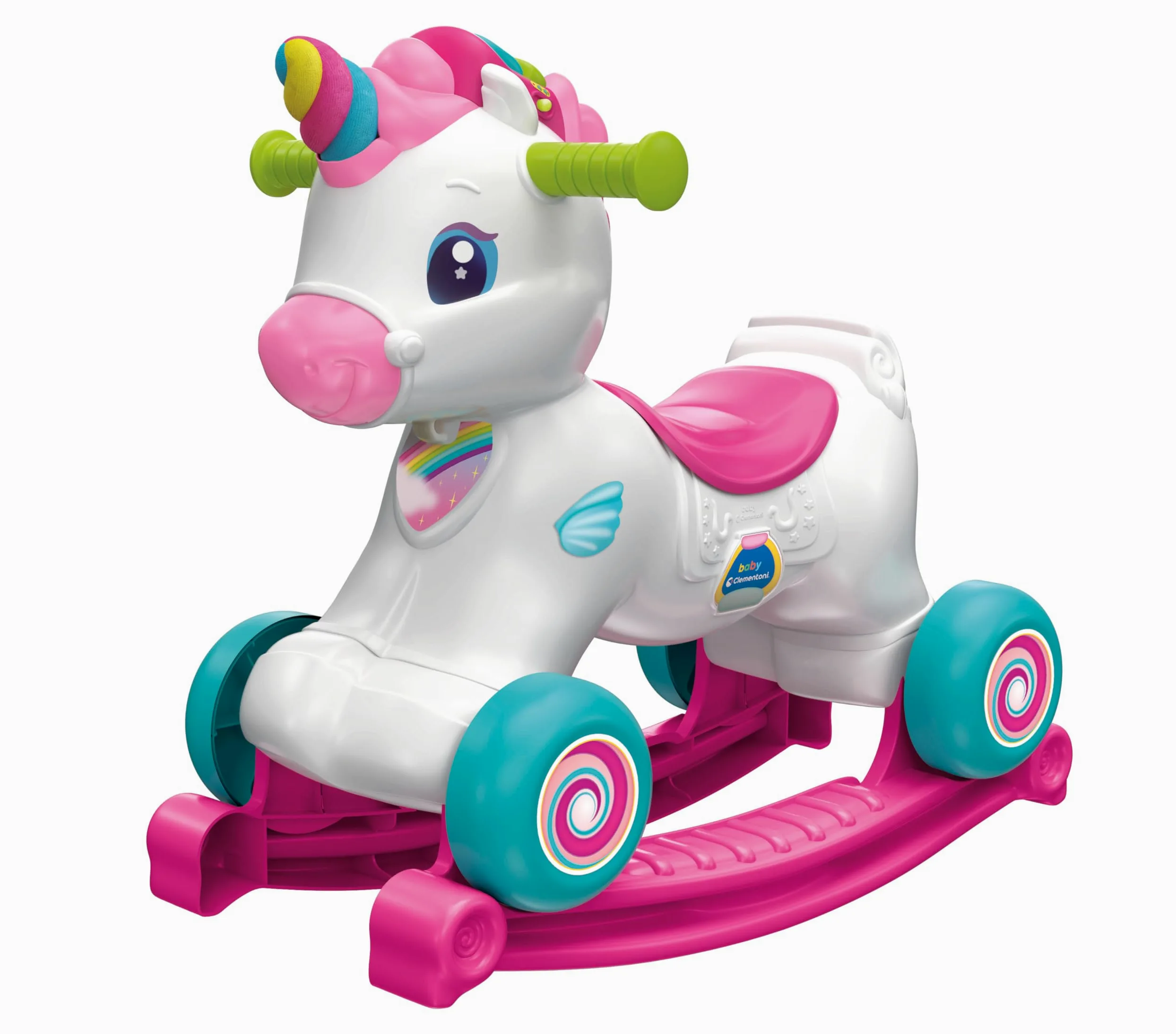 Clementoni 61555 L'Unicorno Dondolo Unicorno e Corridoio con Musica, Canzoni e contenuti educativi: Numeri, Lettere, per Bambini a Partire da 12 Mesi