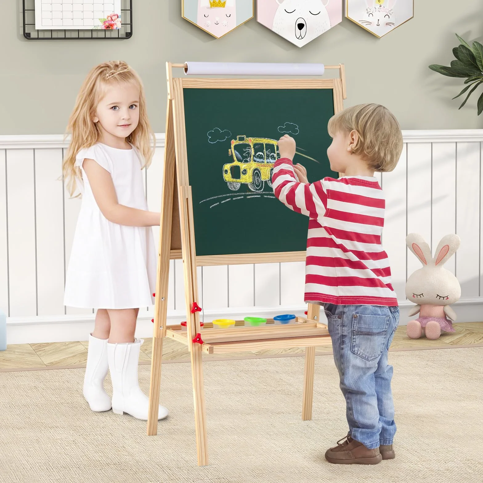 Cavalletto per Bambini in Legno Altezza Regolabile Doppia Faccia con Rotolo di Carta 2 Vassoi 4 Tazze