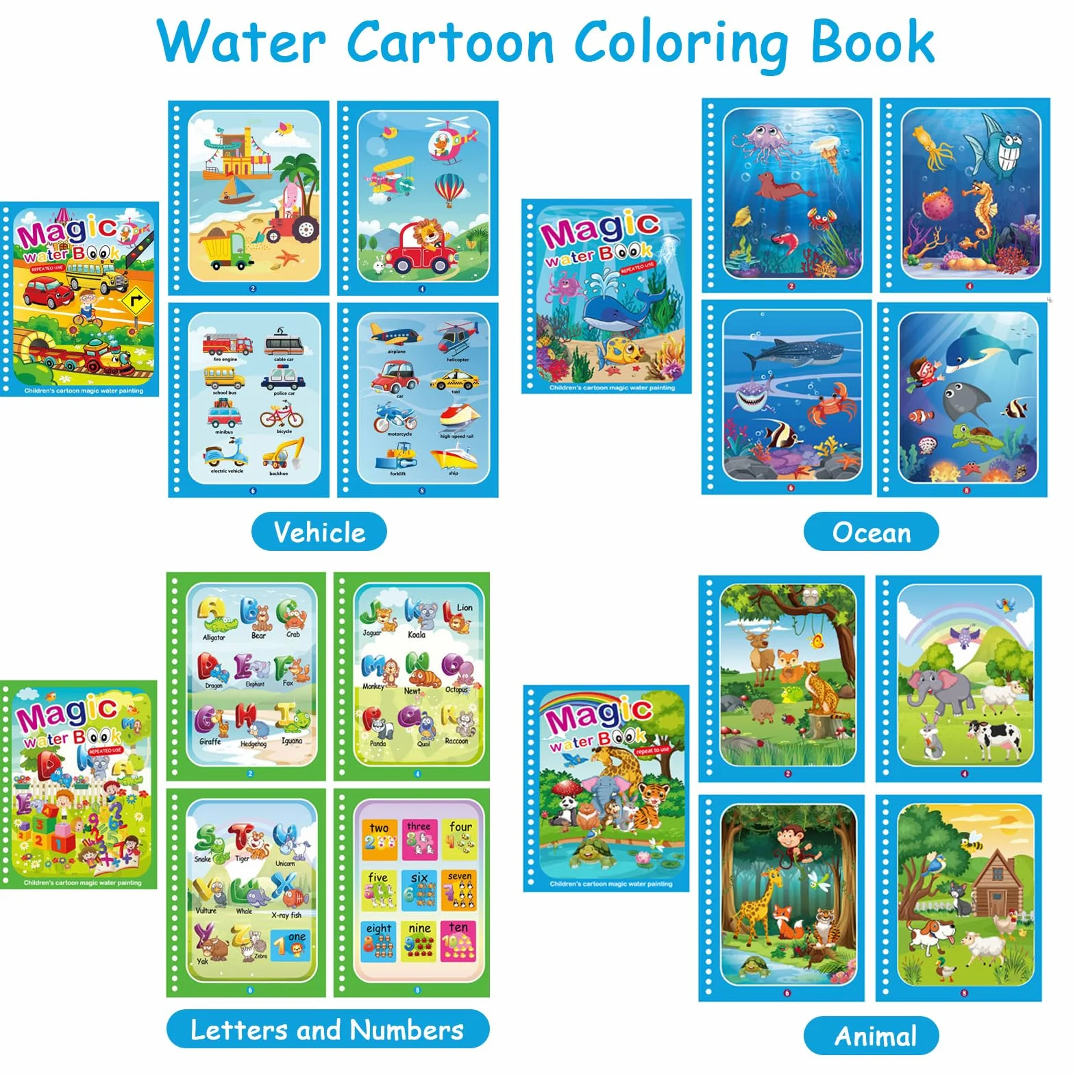 JoyPlus 4 Pezzi Libro di Pittura ad Acqua con 4 Penna Acqua, Libri da Colorare per Bambini, Riutilizzabili Libro Magico ad Acqua da Colorare, Pittura Giocattolo Regalo per Ragazzi Ragazze Bambini
