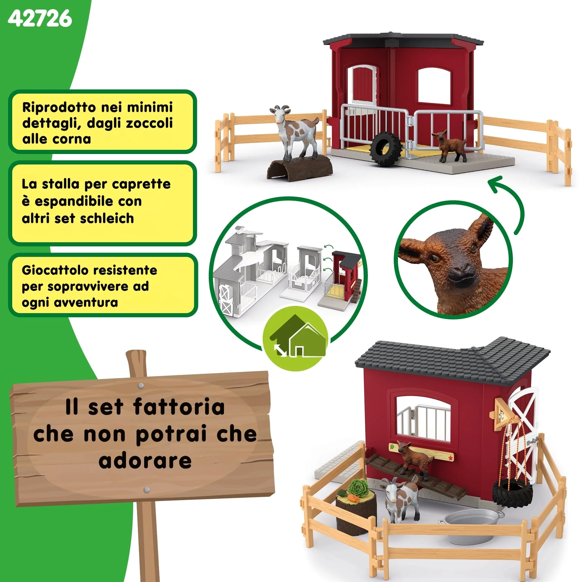 Schleich Farm World | Stalla delle capre 42726 | dai 3 Anni | 31 Pezzi | Set con stalla, capra, capretto, recinto & accessori | Figure di animali realistiche | Idea regalo bambini | Giocattolo fatto
