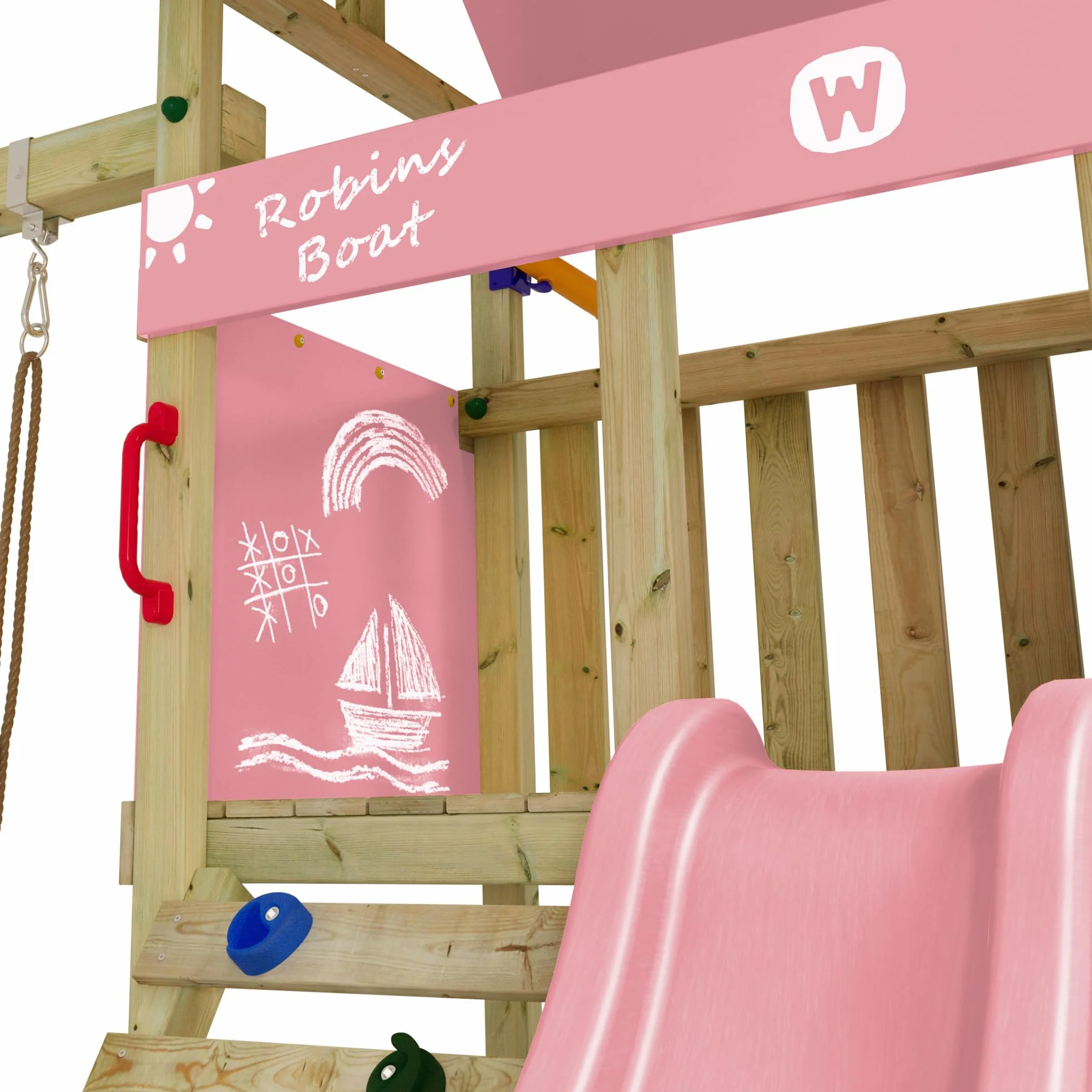 Wickey Parco giochi DinkyHouse con estensione dell'altalena - con scivolo & telone rosa pastello - Torre di arrampicata per bambini per il giardino in legno massiccio - 303x317x247 cm