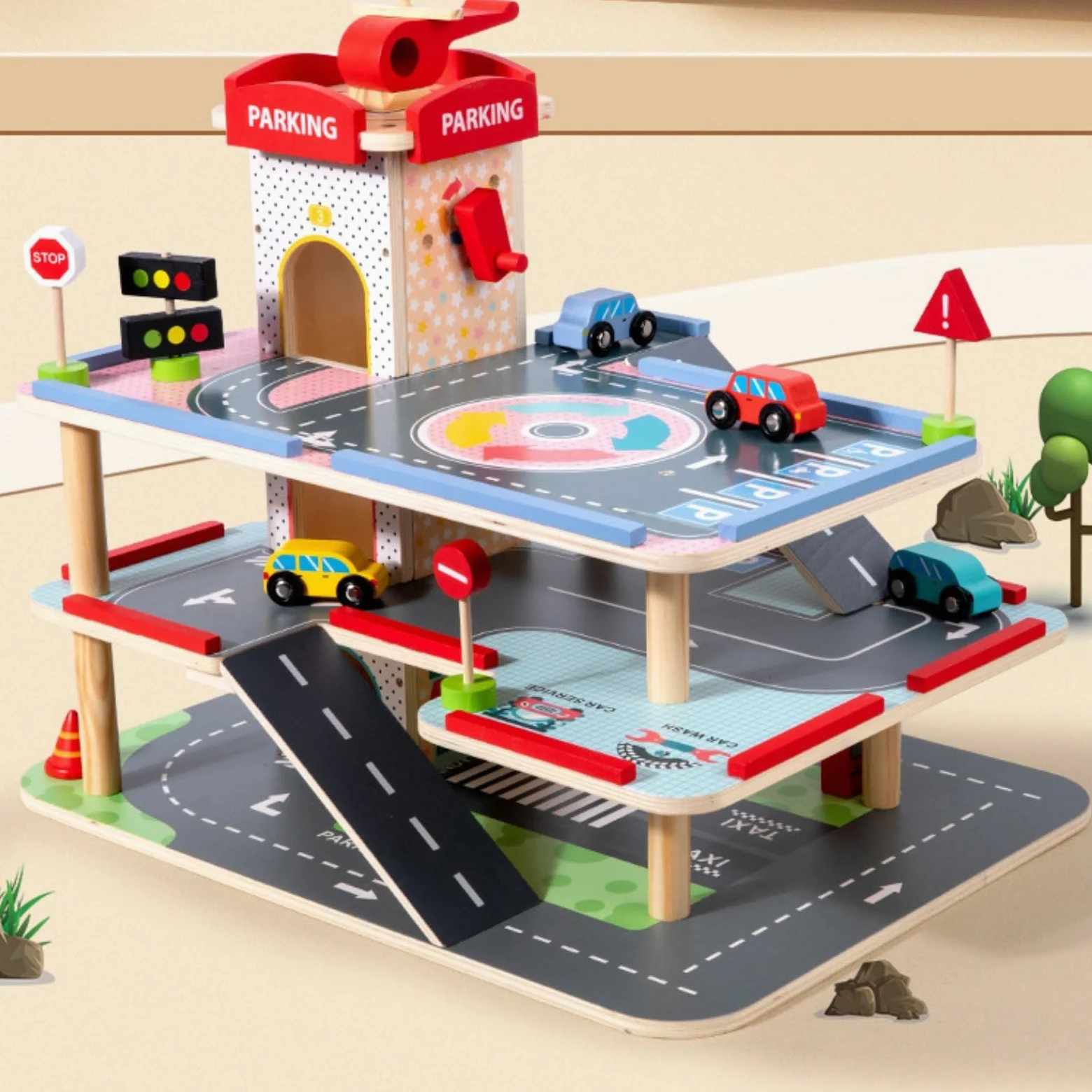 Harilla Children Parcheggio Gioco Parcheggio Giocattolo Garage Multilivello Auto Ascensore Manuale Legno Funzione Motoria Adatto per Insegnamento Meccanico, M-Parcheggio Piccolo