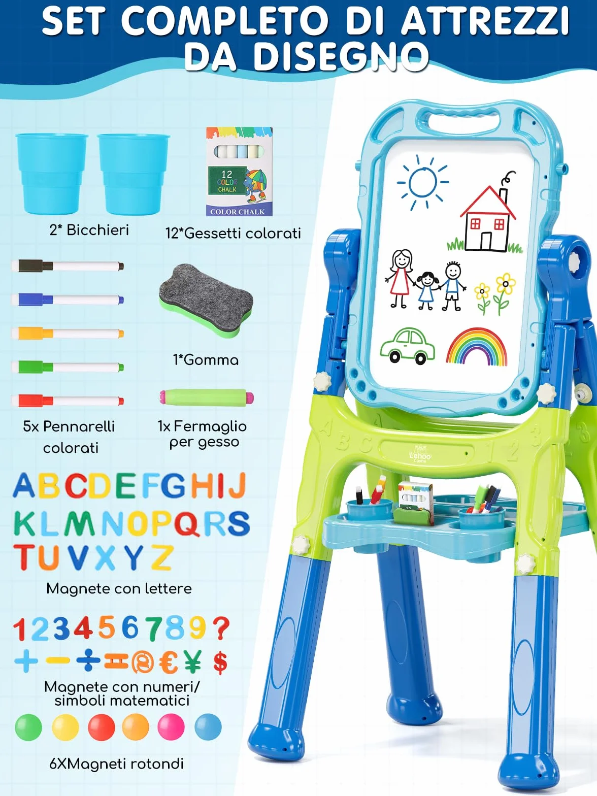 Lehoo Castle Lavagna Magnetica 4 in 1 Bambini, 360° Cavalletto Pittura Regolabile Altezza, Giocattolo Educativo 3+ Anni