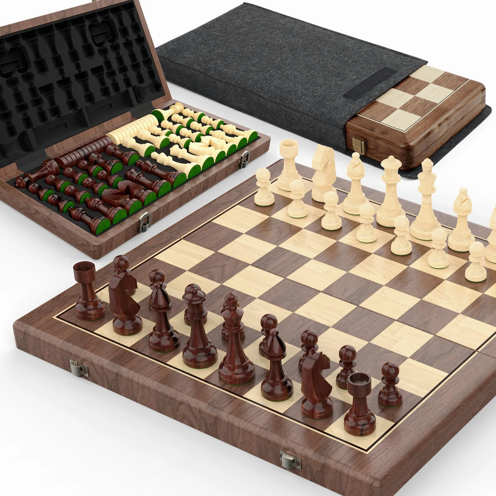 Set di scacchi magnetici e dama in noce, 38 cm, gioco da tavolo pieghevole 2 in 1 con personaggi Staunton, 2 donne extra, mattoncini e sacchetto antipolvere (nero)
