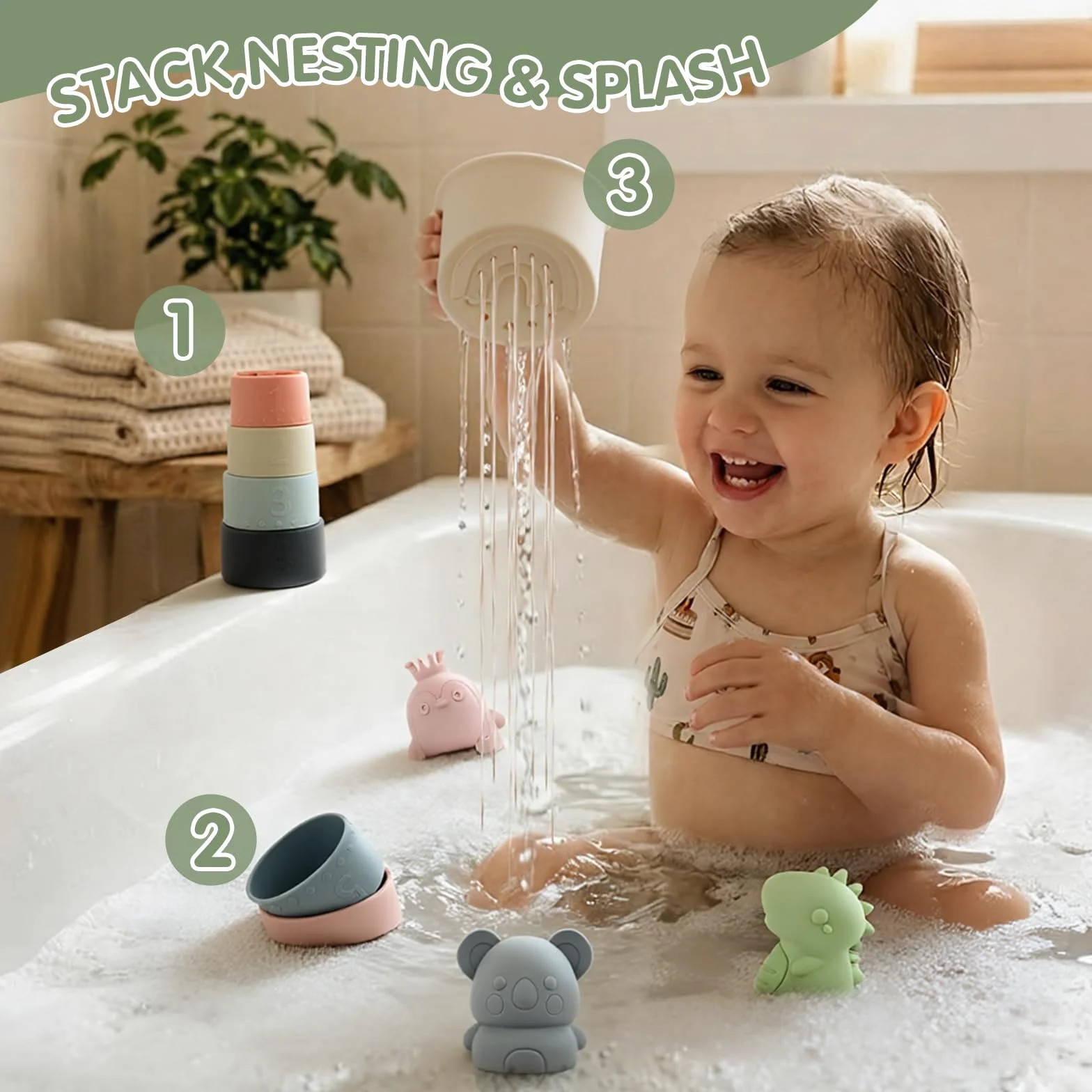 Giocattoli da Bagnetto per Bambini, Giochi Bagnetto Neonato in Silicone con Volante Giocattolo, Tazza Impilabili e Giocattoli Animali, Senza Bisfenolo A, Giocattolo a Acqua per Bagno Piscina Spiaggia
