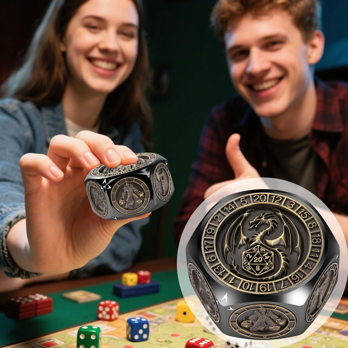 Set di Dadi Rotanti DND, 8 Facce Spinner Dadi in Metallo, Design a Rilievo 3D, Dadi Poliedrici Girevoli, Regalo D&D con Scatola Logo Drago, MTG, Giochi da Tavolo, Accessori per Giochi di Ruolo, Nero