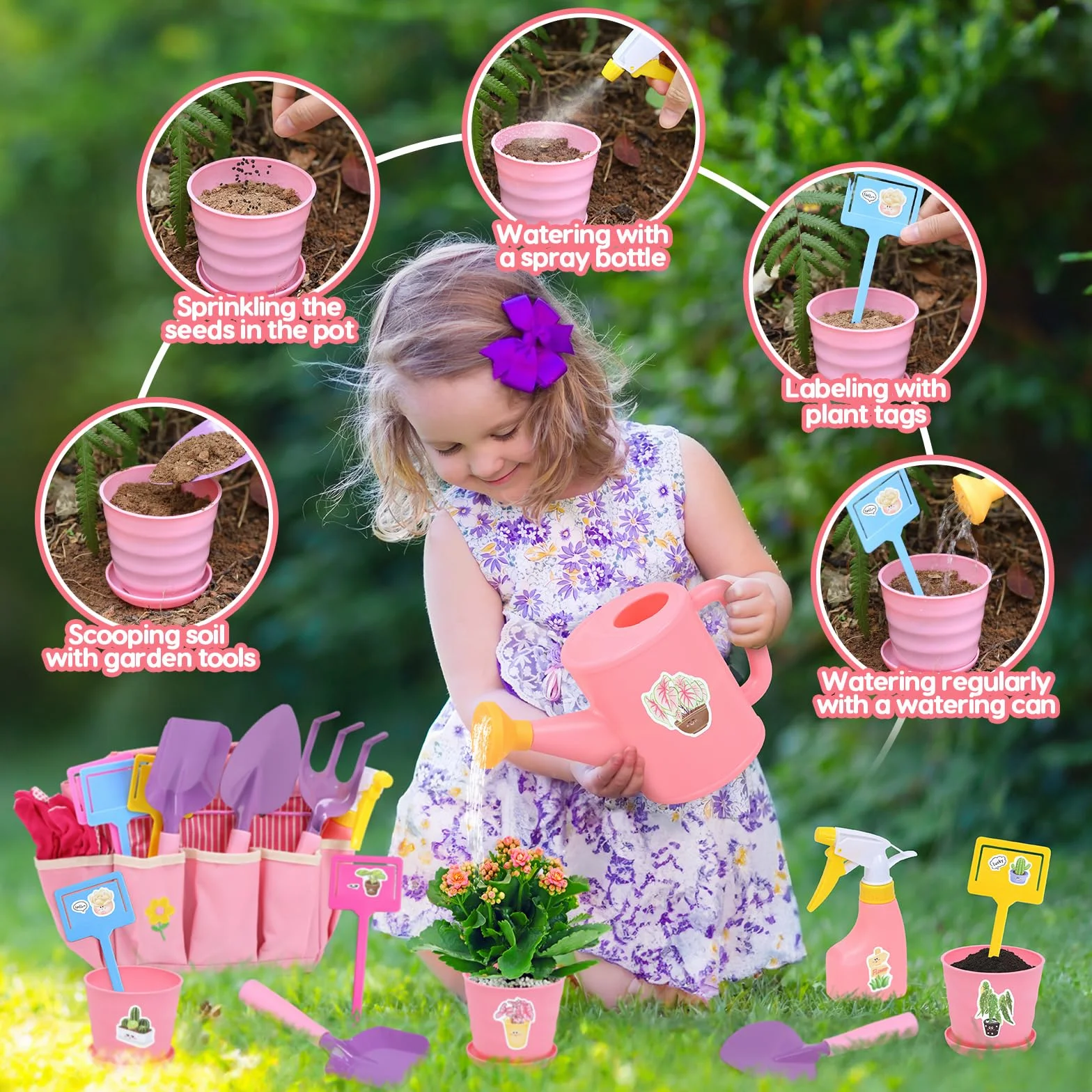 CUTE STONE Set Di Attrezzi Da Giardino per Bambini, Kit Giardinaggio Bambini Include Grembiule, Guanti Da Giardino, Paletta Giardinaggio, Borsa Da Giardinogiocattoli da esterno per bambini (Rosa).