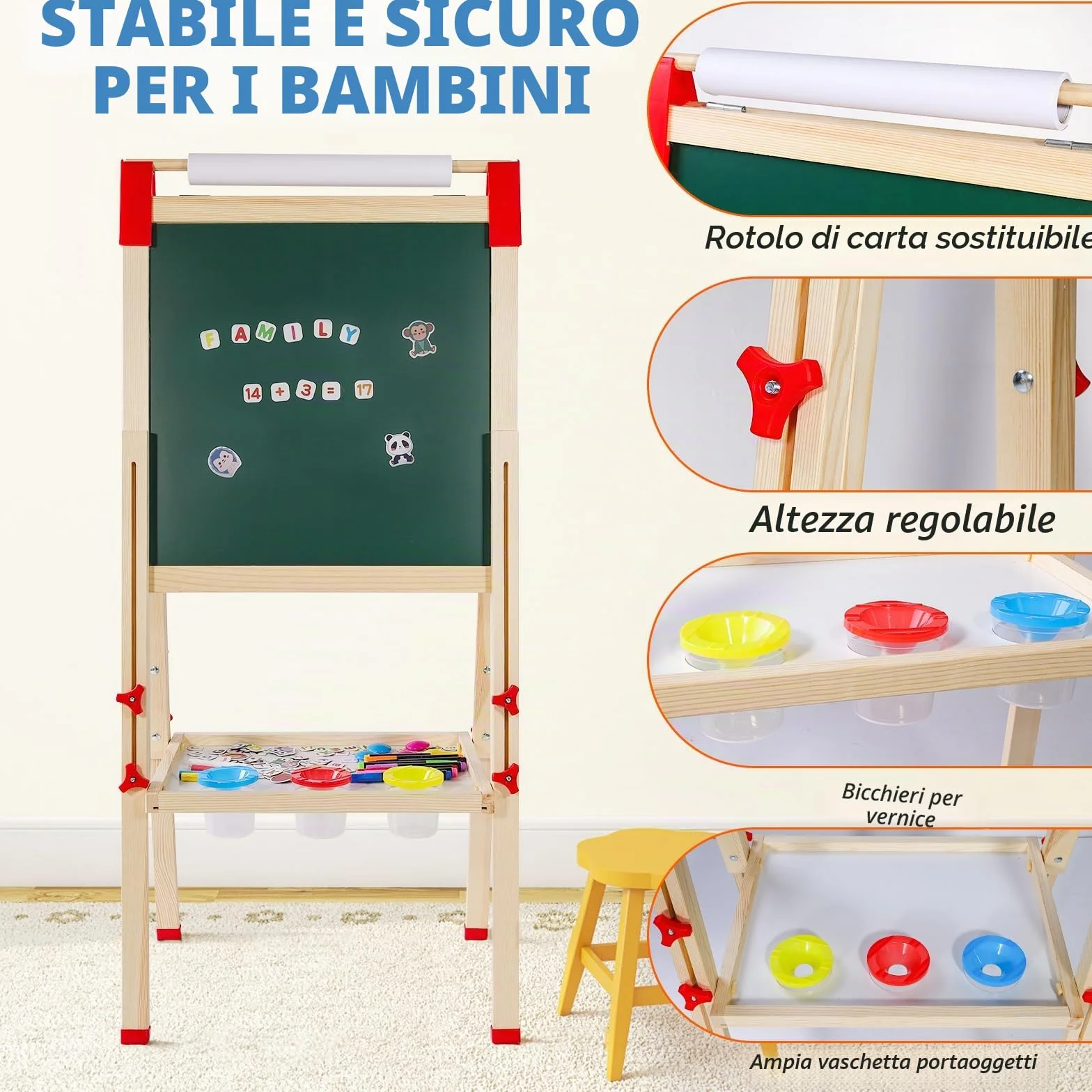 Cavalletto per Bambini in Legno Lavagna Doppia Faccia con Supporto per Rotoli