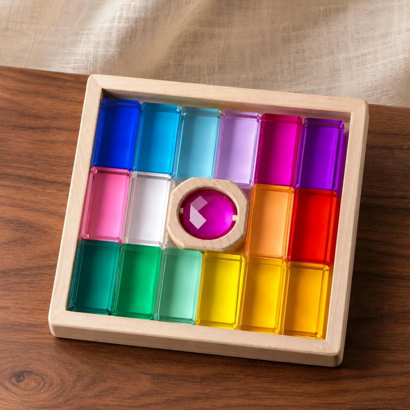 Blocchi da Costruzione per Bambini Set Legno E Acrilico Gioco Impilabile con Telaio in Faggio Pezzi Translucidi Effetto Cristallo Esplorazione di
