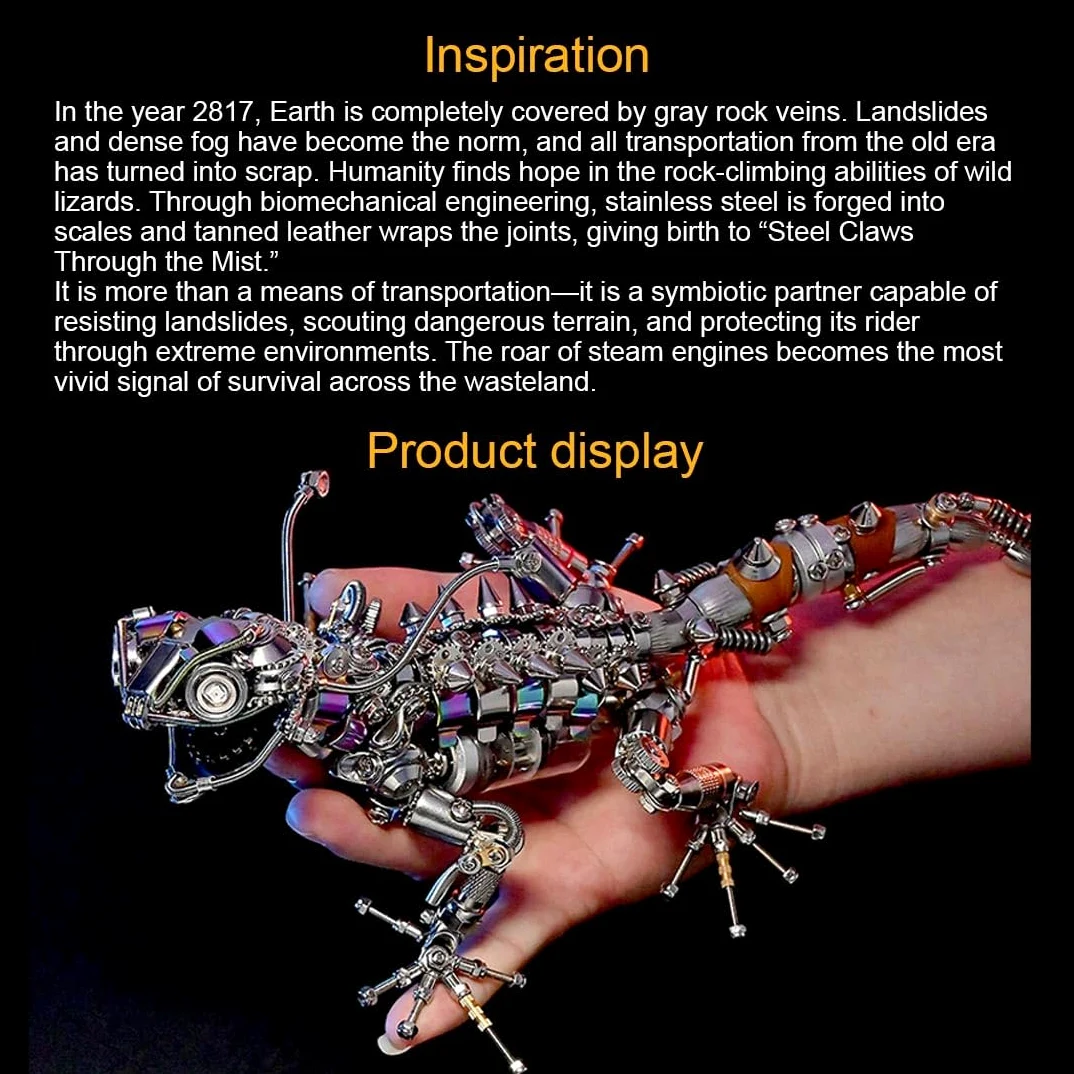 Puzzle 3D in metallo per adulti, stile steampunk, meccanico, articolato, lucertola bionica, kit fai da te, con sistema di bio-luce, decorazione creativa e regalo per adulti (1000 pezzi)