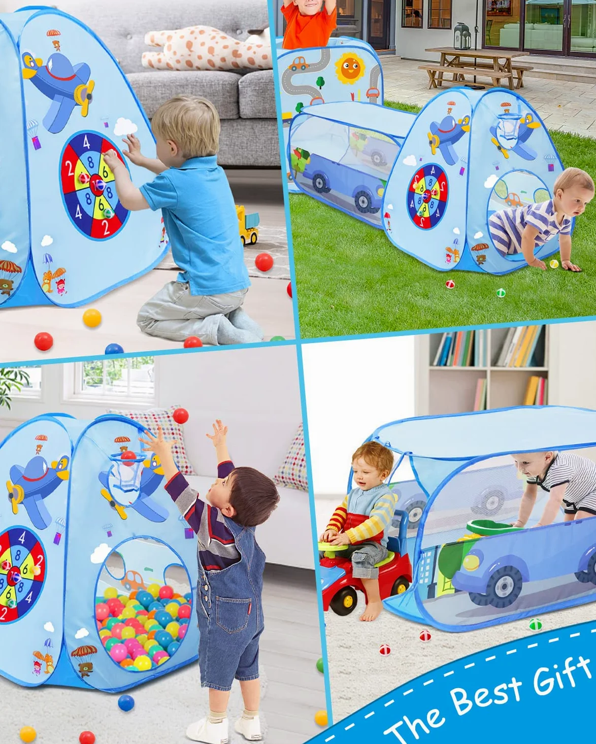 MAIKEHIGH Tende giocattolo Blue Plane, 3 in 1 Pop-Up Tunnel Gioco | Piscina Palline da Gioco all'Aperto al Coperto con Casetta Giocattolo Regalo per Neonate Ragazzi