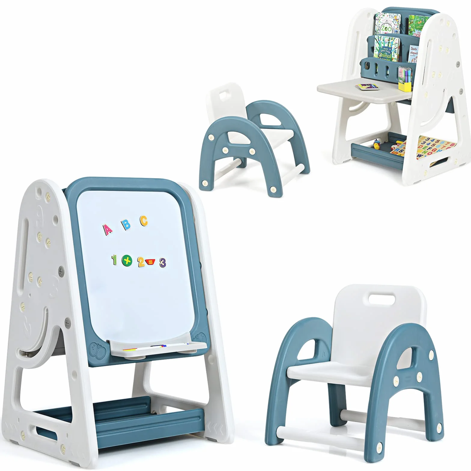 COSTWAY Lavagna Magnetica Bifacciale per Bambini, Altezza Regolabile, con Sedia e Accessori (Blu)