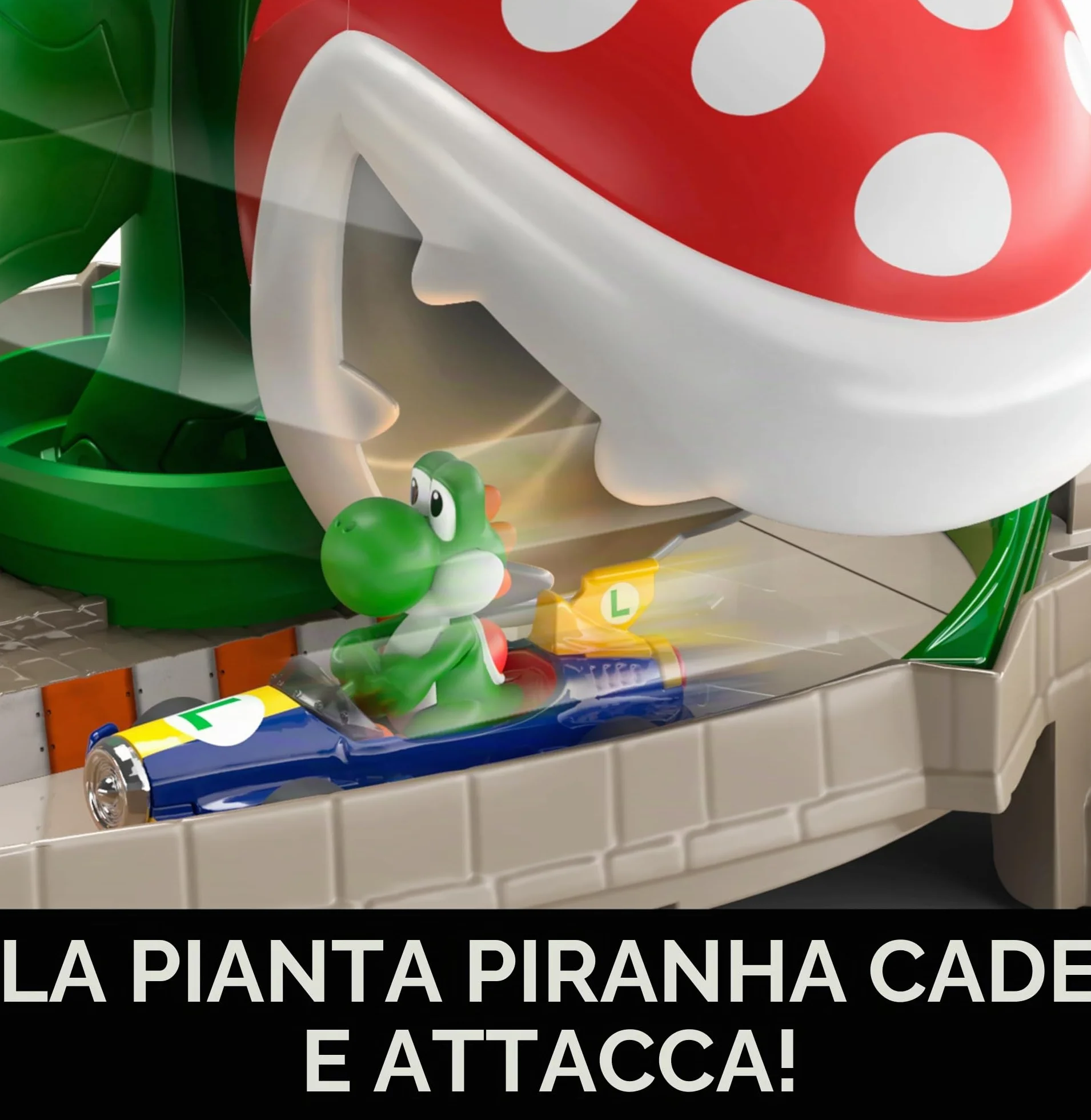 Hot Wheels Mario Kart Pista Piranha con Personaggio Yoshi in Macchinina, Giocattolo per Bambini 5+ Anni, Multicolore, GFY47