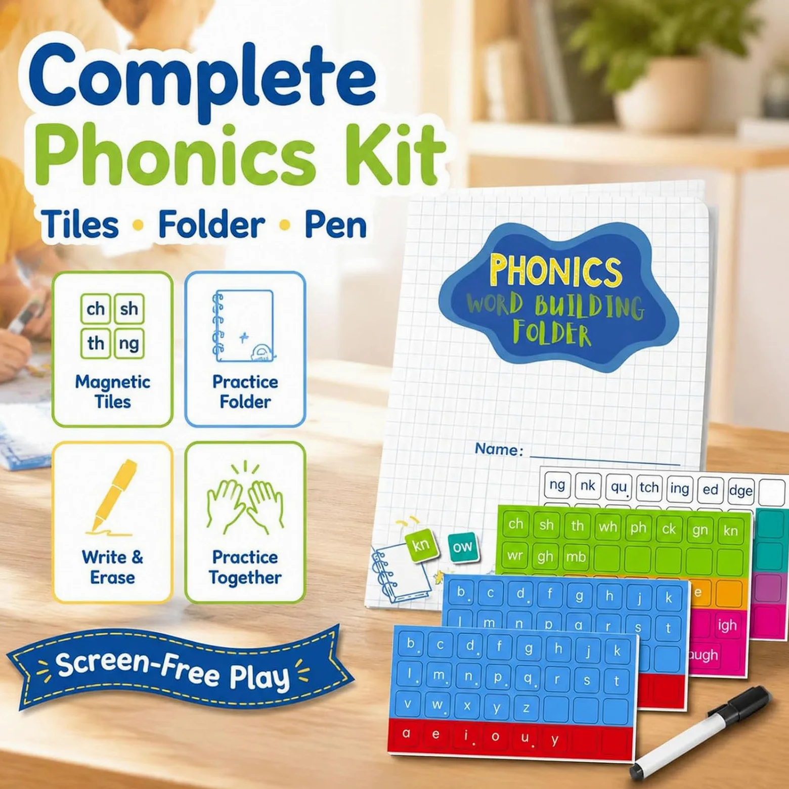 Kit di carte fonetiche magnetiche con 142 magneti e penna, tessere magnetiche per lettere fonetiche, set di costruzione di parole per alfabeto e vista, per parole, digrammi e vocali (3pcs)