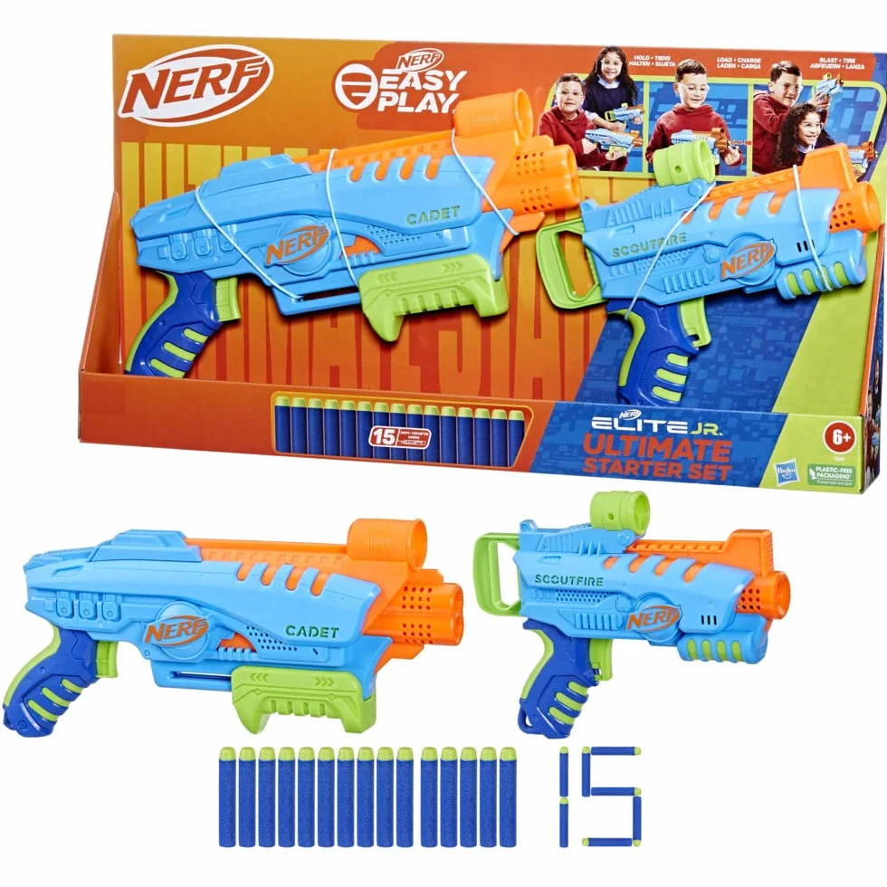 Nerf Elite Jr - Set Ultimate Starter, 2 blaster in gommapiuma facili da usare, 15 dardi Nerf Elite, 2 bersagli, per giochi all'aperto