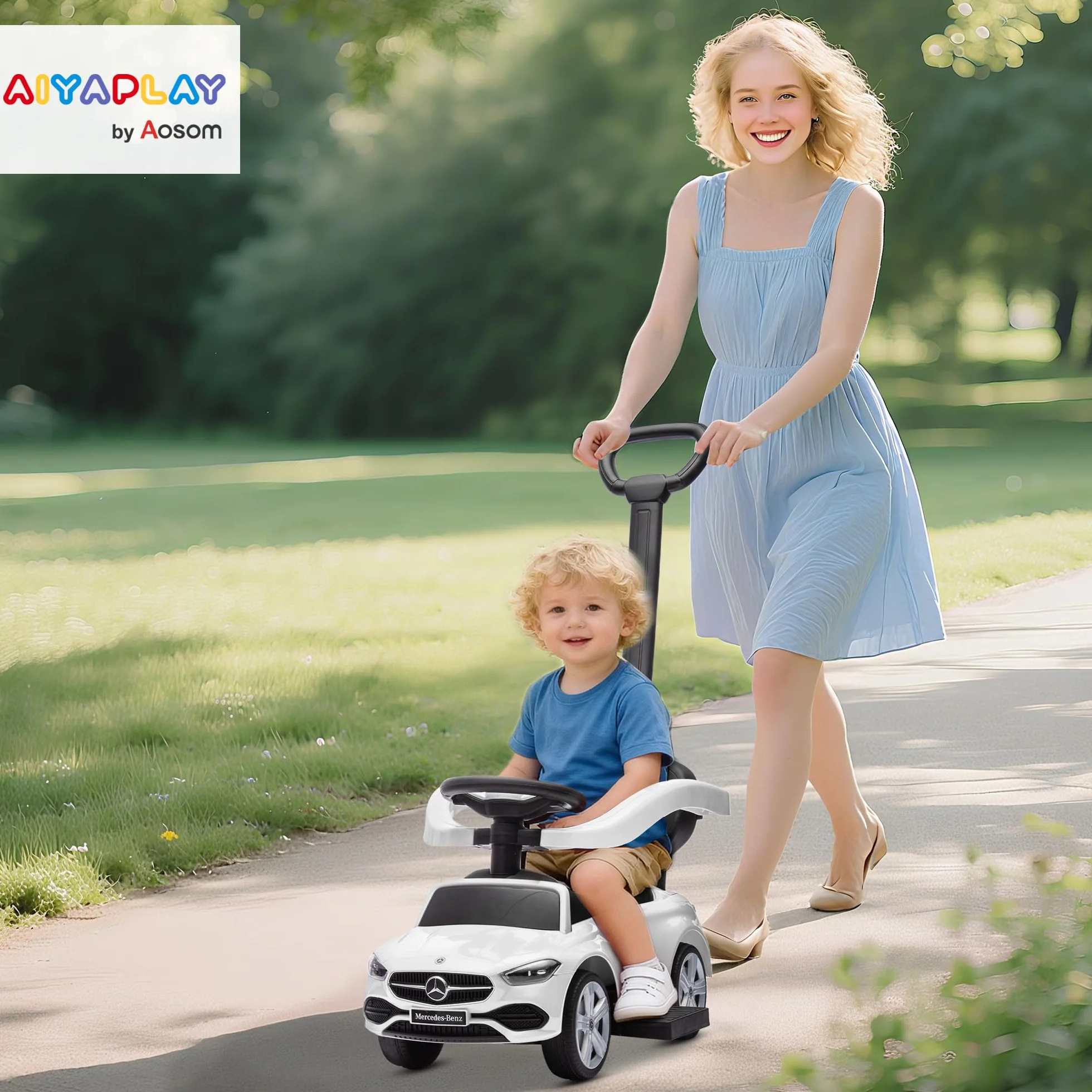 AIYAPLAY Macchina Primi Passi Cavalcabile per Bambini 1-3 Anni Convertibile in Passeggino PP e Acciaio, 91x40x83 cm, Bianco