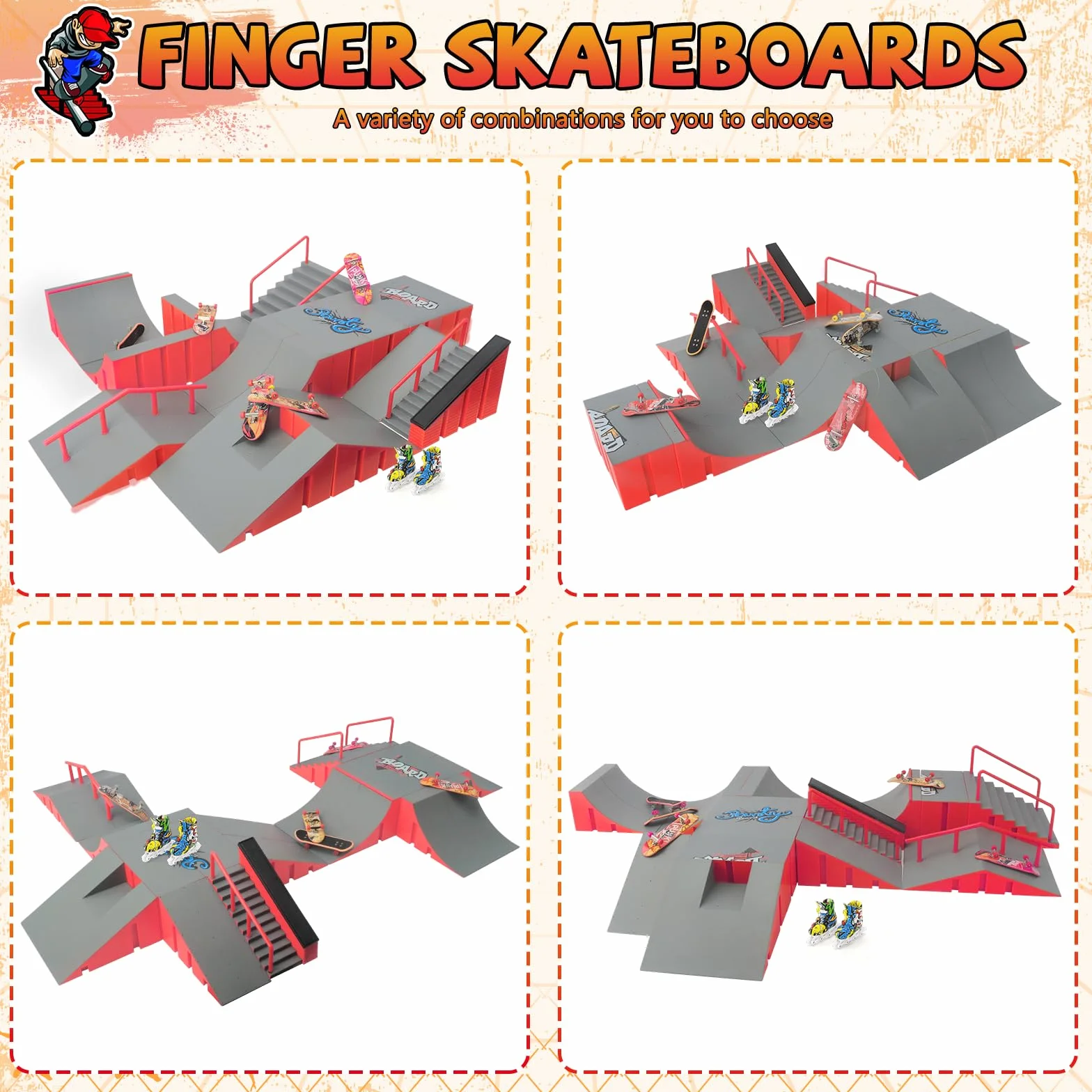 Tlater Finger Skateboard Park Kits, 14 in 1 Bigger Finger Skateboard Ramp Set fai da te Fingerboard Skatepark per bambini, regalo di compleanno (rosso)