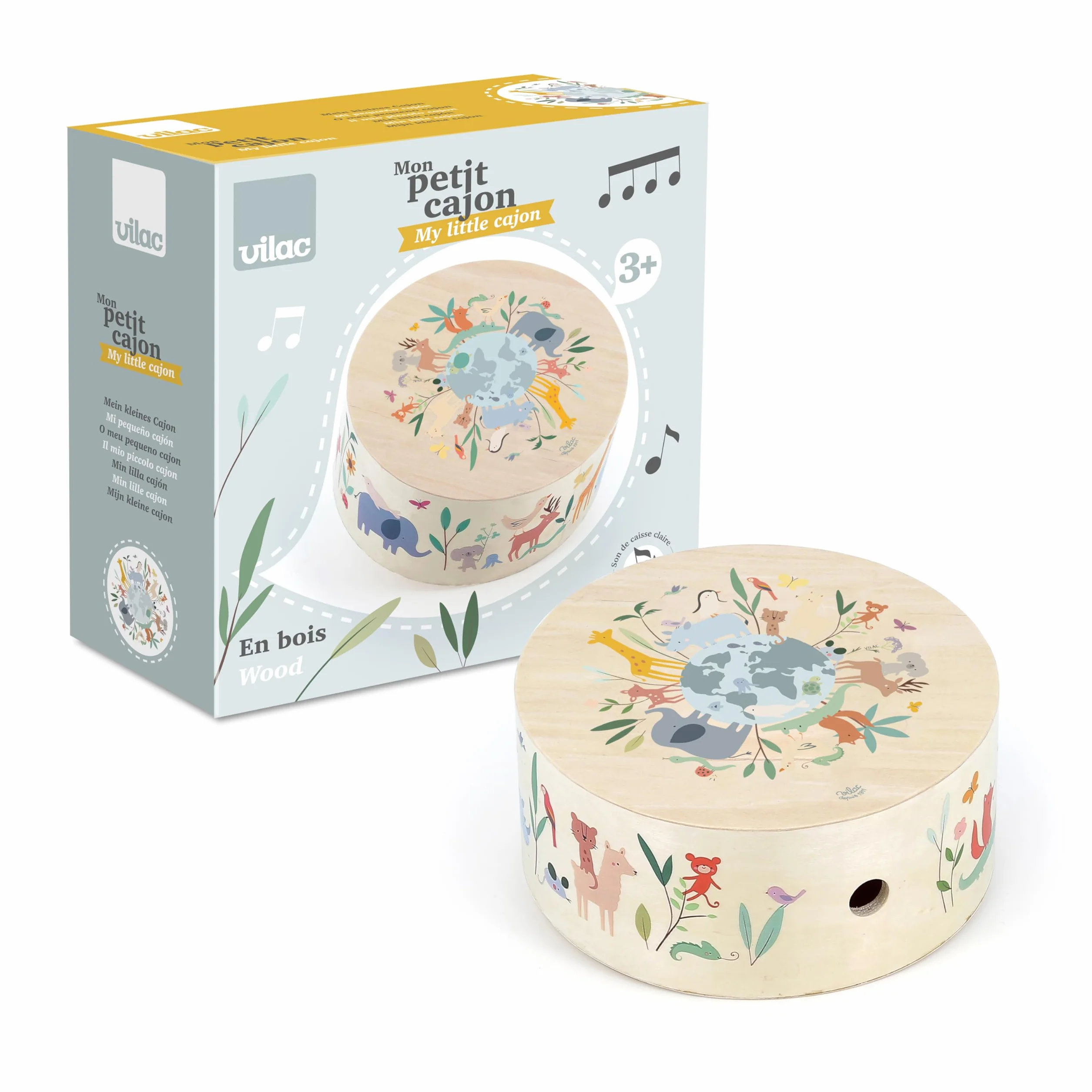 VILAC - Tamburo cajón Gli animali del mondo - Sarah Betz - Giocattolo musicale - 1 tamburo cajón in legno - Giochi di risveglio per bambini in legno - Giocattolo per bambini dai 3 anni - 7113