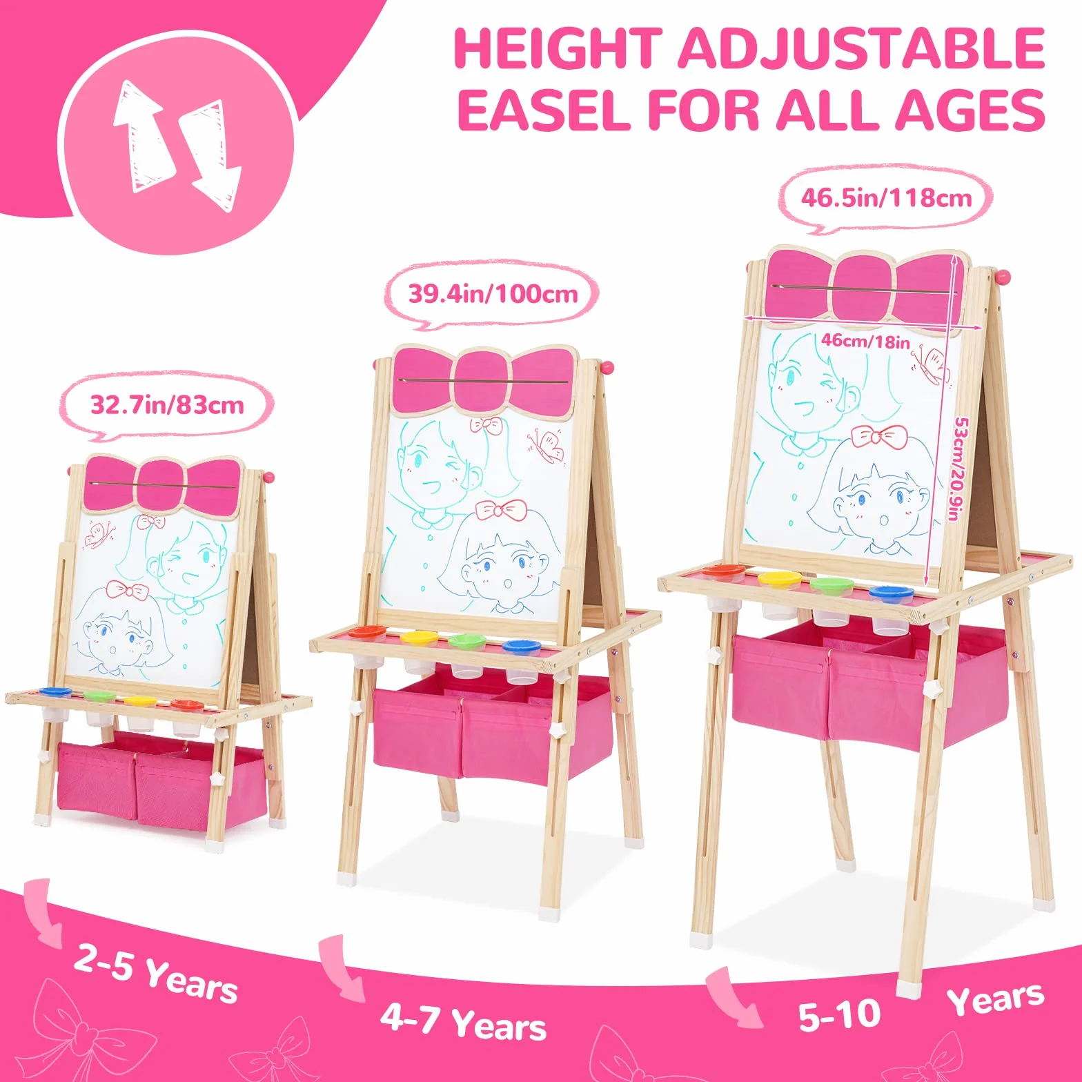 Lavagna per bambini, Lavagna con Cavalletto Bambini in legno, Disegno dell'arco regolabile in altezza, per bambini, con Rotolo di carta Giocattoli Educativi 3+ Anni (Rosa)