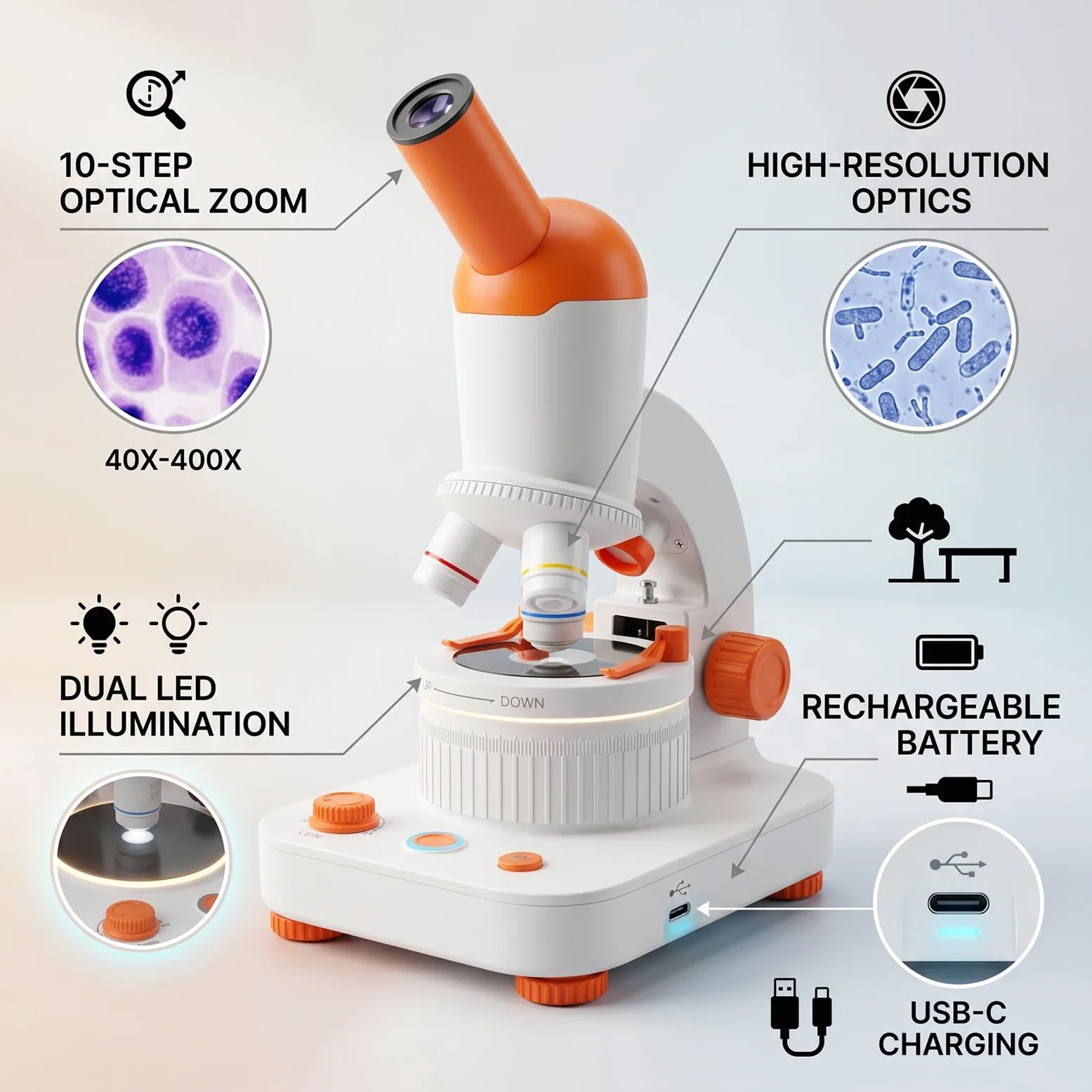Fockety Microscopio per Bambini, Microscopio Educativo per Bambini con Ingrandimento da 40X a 400X, Giocattolo Scientifico con Doppia Illuminazione a LED, Kit di Diapositive