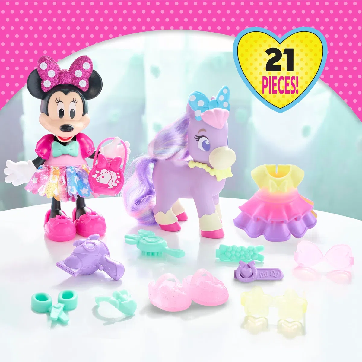 Just Play - Set di 21 pupazzi e accessori per bambini, motivo: Minnie, Groom & Glam Pony