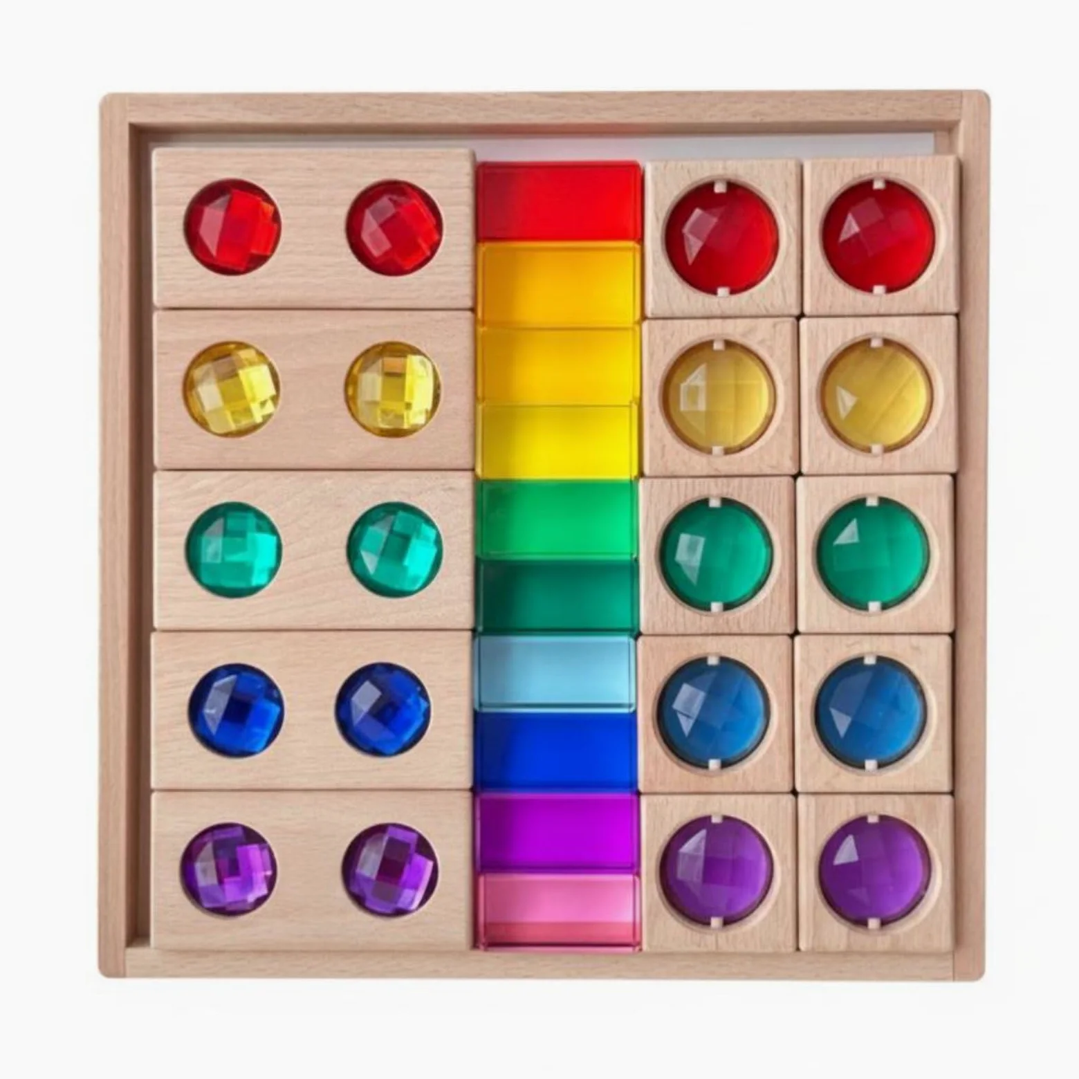 Blocchi Sensory per Bambini Set Didattico con Mattoncini Acrilici Blocchi Trasparenti Struttura in Legno Attività di Riconoscimento Colori E