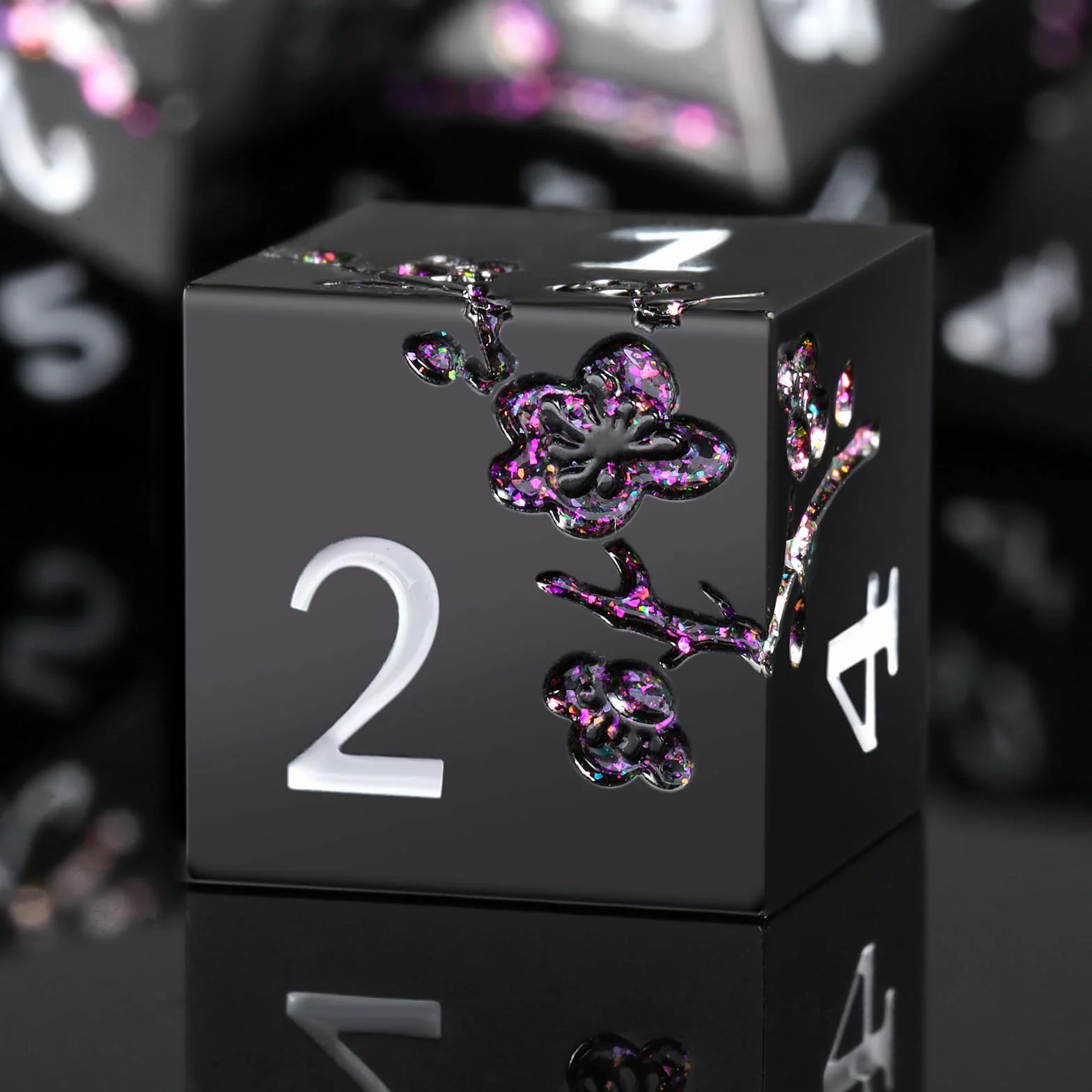 Glitter Purple Metal D&D Dice, 7 PCS Flower Metallic DND Dice Set with Grogeous Gift Case for Dungeons and Dragon Tabletop Game (Matte Black with Glitter Purple Flower)