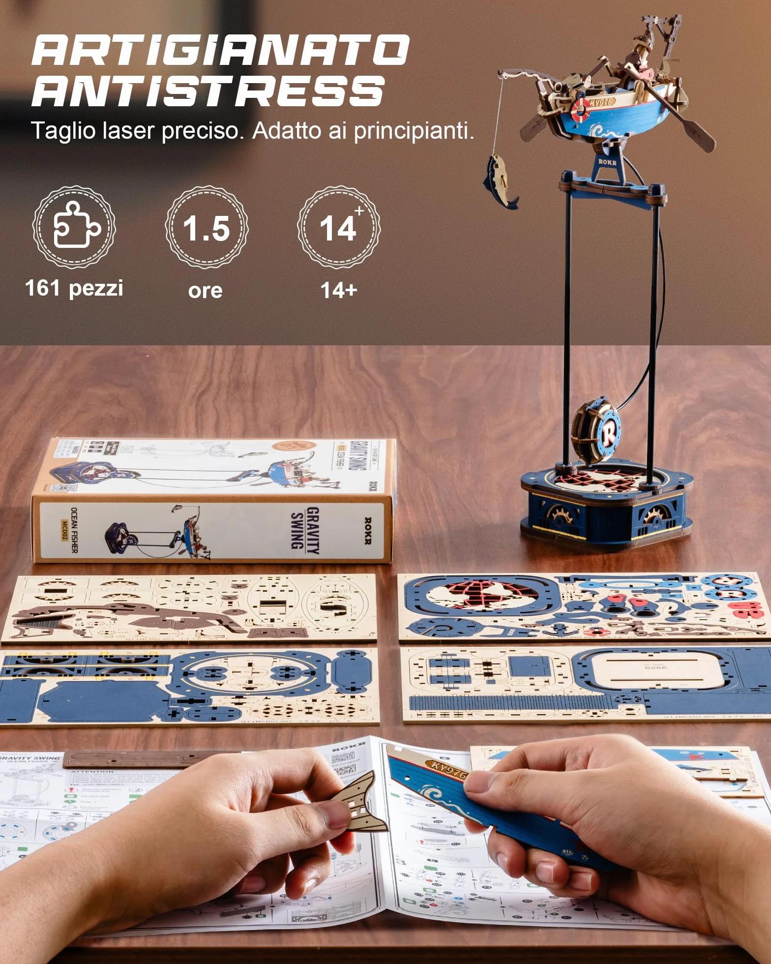 ROKR 3D Puzzle in Legno Barca, Modellismo da costruire Adulti Pescatore Oceanico, Oscillazione Gravitazionale Decorazione, Regali per adulti e bambini, Ocean Fisher MCD02